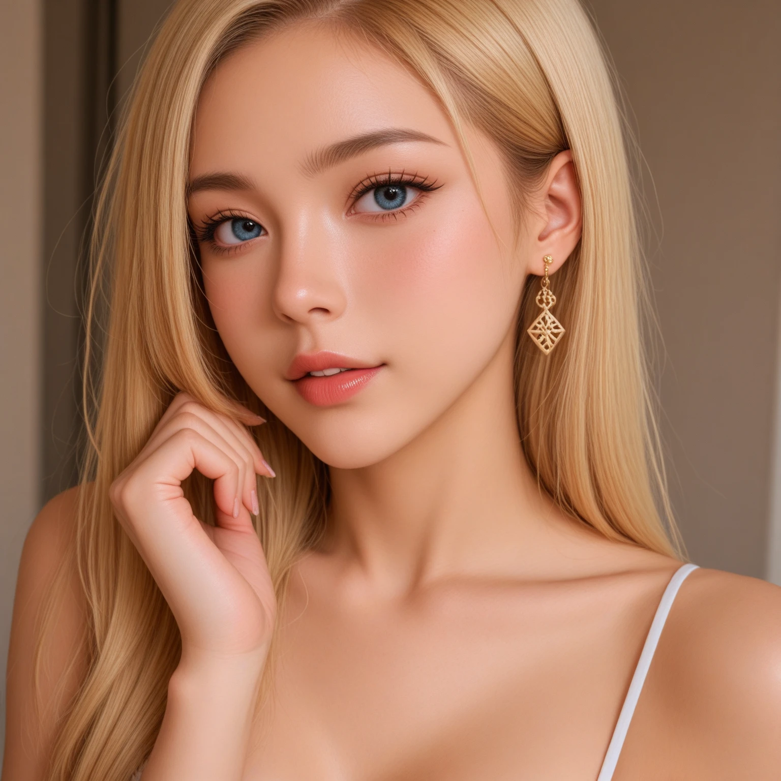 ((Highest quality, 8K, masterpiece :1.3)), Sharp focus :1.2, Beautiful woman with perfect figure :1.4, Slim Abs :1.2, ((Big Breasts, Accentuate your cleavage:1.3)), (PhotoRealistic:1.4), (Realistic:1.4), Highly detailed face and skin texture, fine grain, double eyelid. Makeup Face. A little bit of lipstick, necklace, Earrings,  Appeal, Sexy fiery pose, ((A beautiful blonde woman in yellow lace 、She is smiling and posing sexily on a luxurious hotel bed.。:1.3)