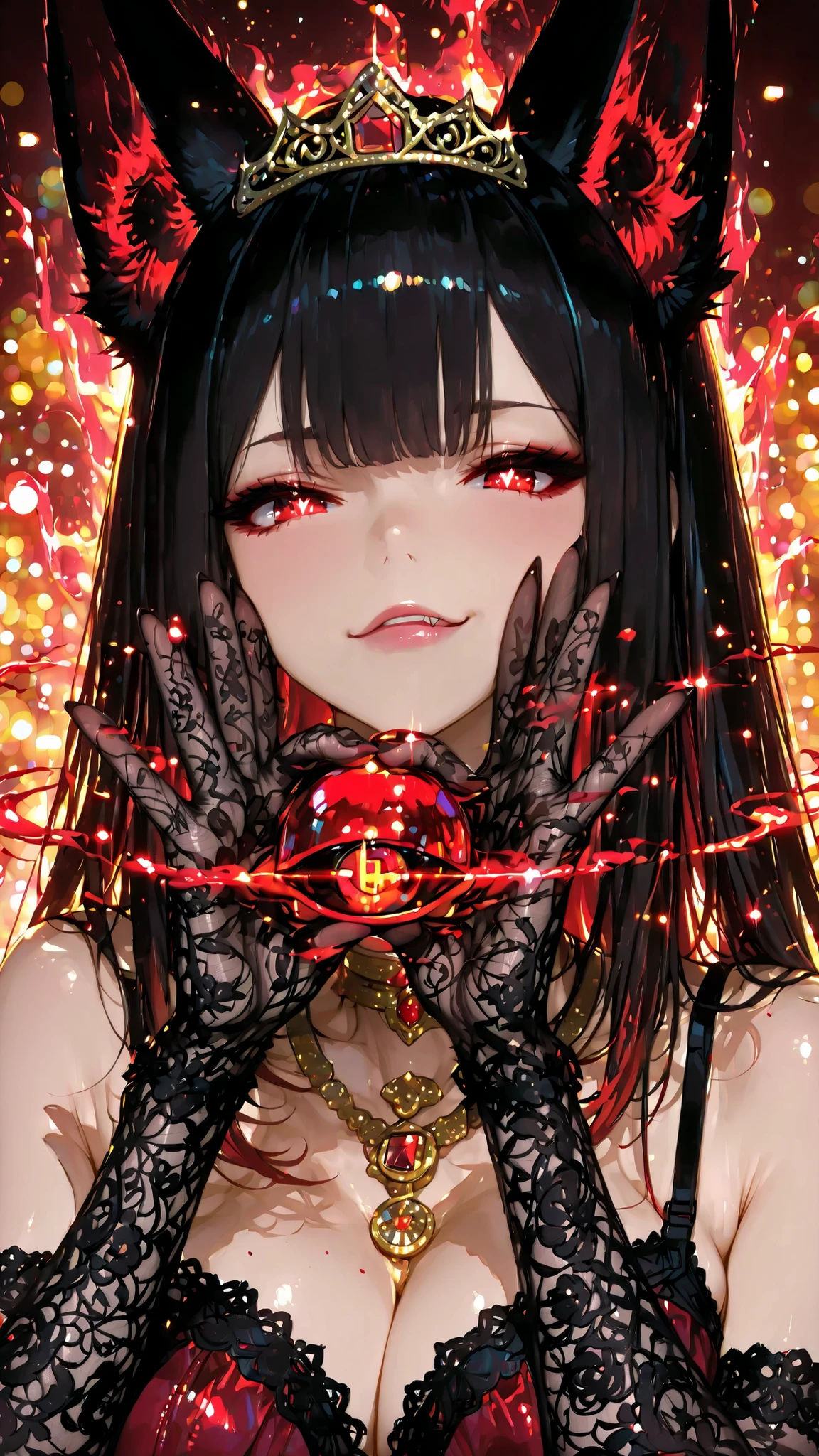 masterpiece best quality 1girl nine-tailed fox spirit mysterious, hyper extreme close-up 100% screen face fill no margins intimate macro smug arrogant smile king’s regal arrogance superior confidence subtle lip curl parted alluring plump moist glossy dew sheen (arrogant smile:1.4), intense crimson eyes profound artistic depth fiery boldness thoughtful wisdom swirling embers star reflections iridescent glow sharp focus eyes lips aura (profound eyes:1.4), straight black hair red highlights framing face no twintails (straight hair:1.3), tapered fox ears outer black inner red at edges (black outer red inner ears:1.3), black lace opera gloves to elbows intricate lace lower frame (lace gloves:1.3), golden tiara with ruby gem filigree top frame (tiara:1.3), gold red ruby necklace choker lower frame (necklace:1.3), high fantasy anime Ghibli Fate detailed skin lips eyes fur lace glow, blurred temple bokeh warm red lighting cinematic 8K HDR sharp hypnotic focus.