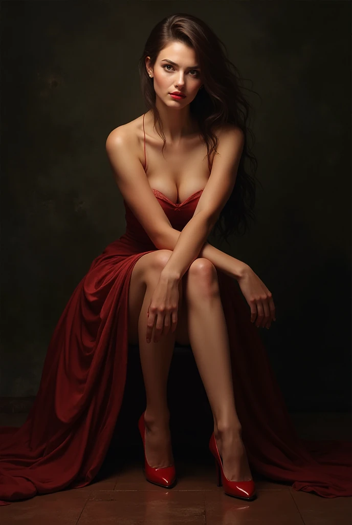 a beautiful woman with dark hair, red dress, dramatic lighting, glossy skin, full body pose, photorealistic, intricate, 8k resolution, (best quality,4k,8k,highres,masterpiece:1.2),ultra-detailed,(realistic,photorealistic,photo-realistic:1.37),HDR,UHD,studio lighting,ultra-fine painting,sharp focus,physically-based rendering,extreme detail description,professional,vivid colors,bokeh,portraits