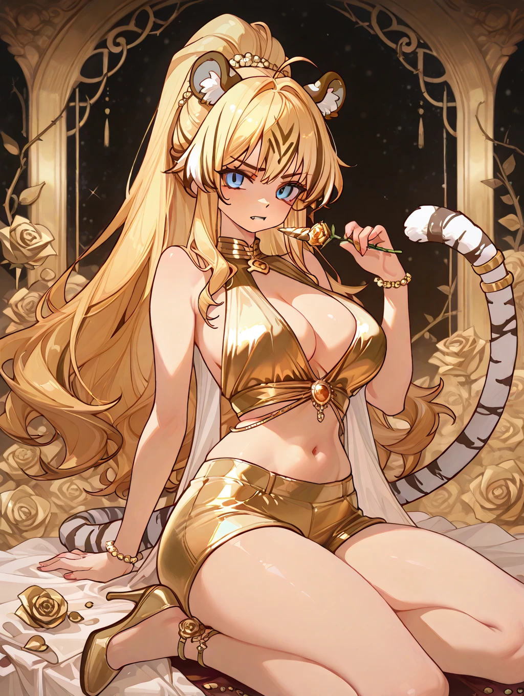 Sekhmet, lioness goddess, ancient Egyptian goddess, (lion goddess), god of medicine, god of war, human wife, mature woman, primitive hunter, (fierce, crazy, savage, wild), (super ), plump, lion's ears, fangs, blood, scars, (), strong, muscular, abs, evil nemesis, wearing lion fur, blood-colored dress, tooth necklace, a large number of exquisite Egyptian ornaments, perfect flesh full of texture, charming visual enjoyment, lying down, blonde hair, Golden Eyes, (Best Quality), (Masterpiece), (Masterpiece), Maximum Definition, Illustration, (Super Detailed Face), (Perfect Face), Clear Texture, Ultra HD Detail Display, Excellent Image Performance, High Quality Illustration, Perfect Fit Harmonious Tone, Deep Lines, Precise Strokes, Intricate Details