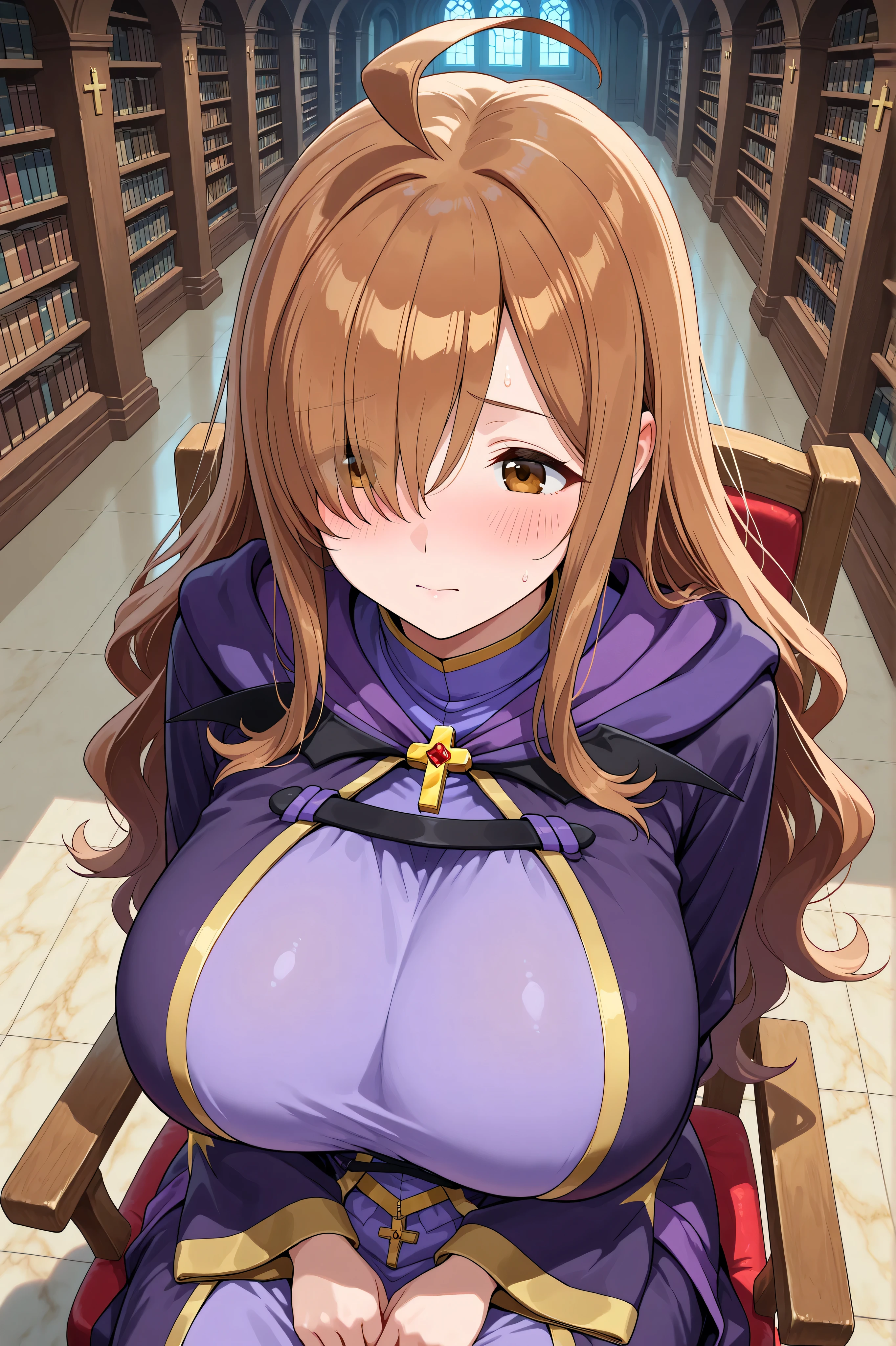 wiz, ahoge, brown eyes, light brown hair, hair over one eye, long hair,cross, dress, hood, hood down, jewelry, latin cross, long dress, long sleeves, purple dress, robe, purple robe,(1 girl),sittiong chair,blush,library,fantasy,huge breasts,focus breasts,zoom face,from above,masterpiece,Highest Quality,Very Detailed,Ultra High Definition,8k,4k,simple back ground,beautiful eyes,catchlight,