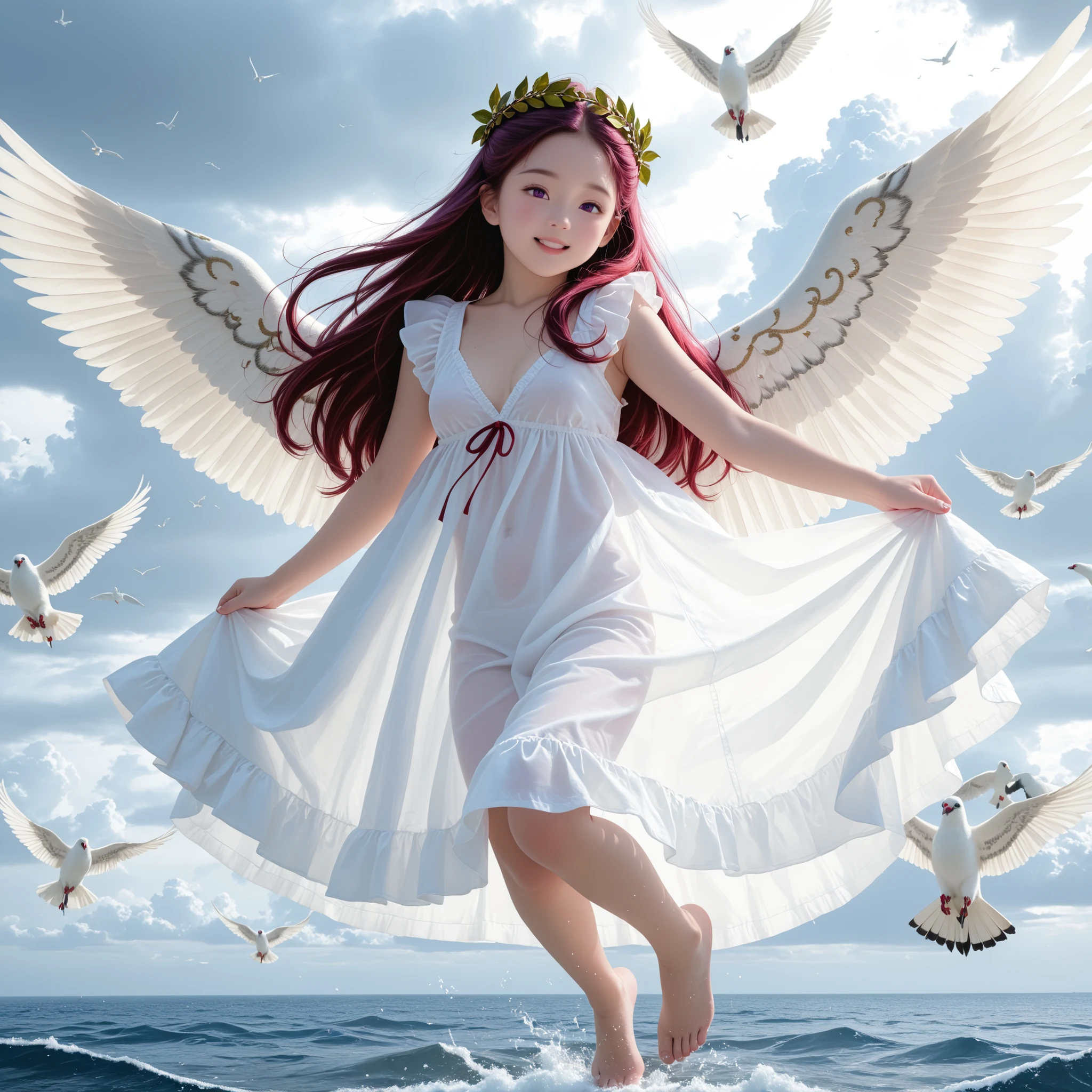 ultra sharp, 8k, Canon R5, 85mm f/1.2 lenses, Clean Exposure, Cinematic depth of field. outdoor, Paolo Peregrin's enigmatic atmosphere and Roger Deakins' moody lighting. young girl, with large Angel's wings (((She is flying high in the sky))) (dark long reddish-purple red crimson long hair) (twin-tie hair) (toddler face) infant body shape ((medium breast)) (short limbs) (Laurel wreath) full body, dewy skin (((lots of white birds flying around the cloudy sky and sea space))) (((lots of white doves flying around))) (deep v neck translucent dress) dramatic low key lighting. Ritualistic. mysterious, shallow depth of field. mysterious魅力, form below, front view, low angle. full body. barefoot