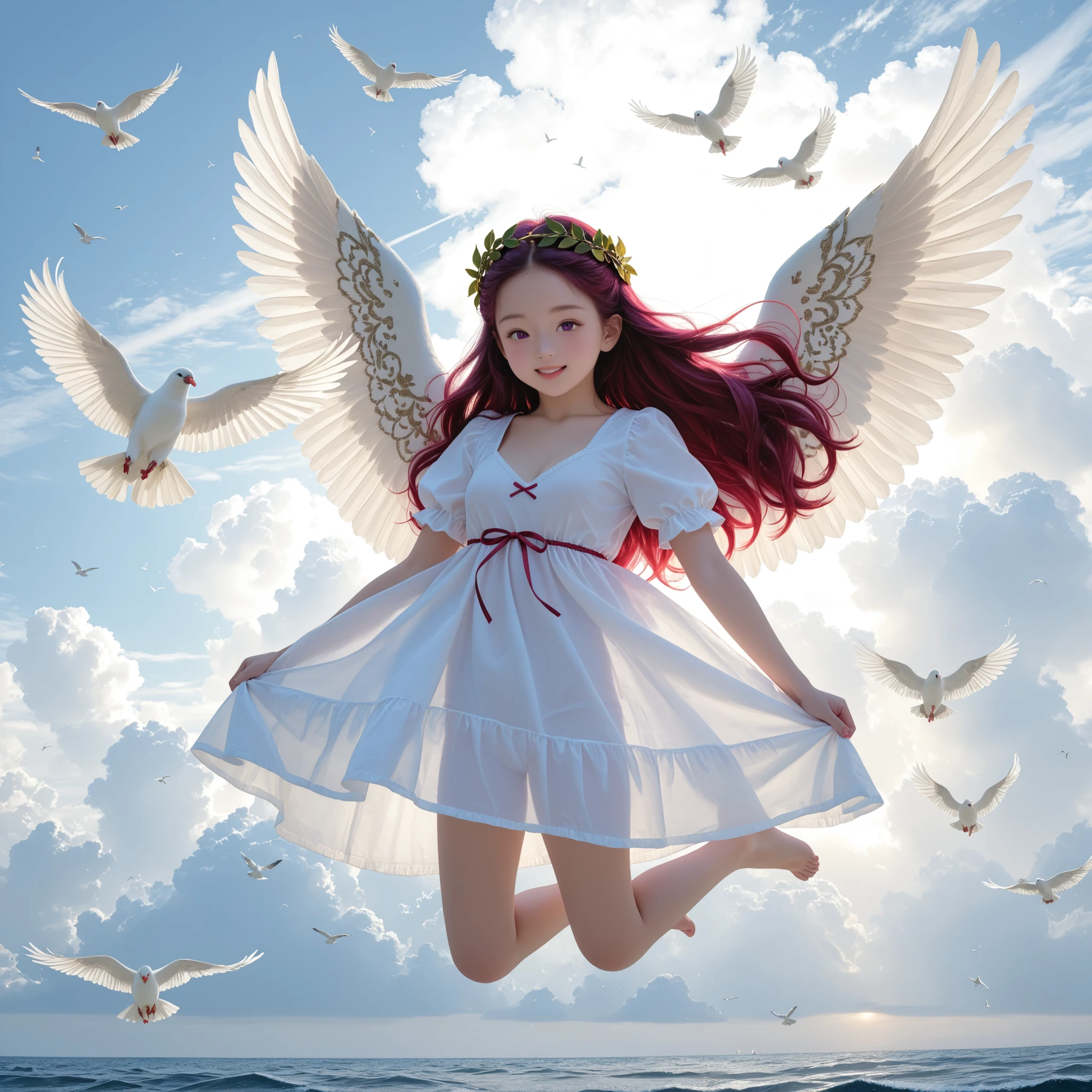 ultra sharp, 8k, Canon R5, 85mm f/1.2 lenses, Clean Exposure, Cinematic depth of field. outdoor, Paolo Peregrin's enigmatic atmosphere and Roger Deakins' moody lighting. young girl, with large Angel's wings (((She is flying high in the sky))) (dark long reddish-purple red crimson long hair) (twin-tie hair) (toddler face) infant body shape ((medium breast)) (short limbs) (Laurel wreath) full body, dewy skin (((lots of white birds flying around the cloudy sky and sea space))) (((lots of white doves flying around))) (deep v neck translucent dress) dramatic low key lighting. Ritualistic. mysterious, shallow depth of field. mysterious魅力, form below, front view, low angle. full body. barefoot