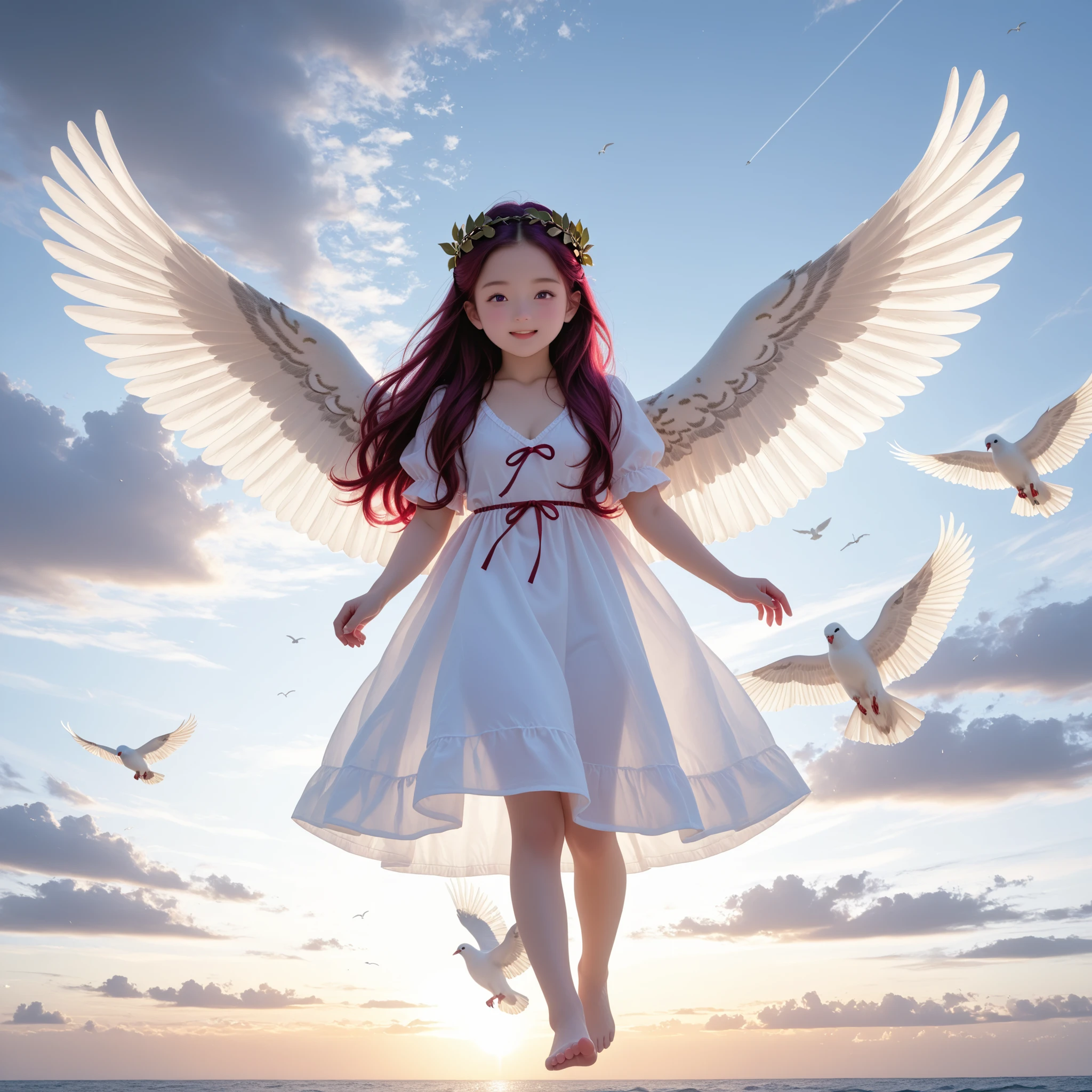 ultra sharp, 8k, Canon R5, 85mm f/1.2 lenses, Clean Exposure, Cinematic depth of field. outdoor, Paolo Peregrin's enigmatic atmosphere and Roger Deakins' moody lighting. young girl, with large Angel's wings (((She is flying high in the sky))) (dark long reddish-purple red crimson long hair) (twin-tie hair) (toddler face) infant body shape ((medium breast)) (short limbs) (Laurel wreath) full body, dewy skin (((lots of white birds flying around the cloudy sky and sea space))) (((lots of white doves flying around))) (deep v neck translucent dress) dramatic low key lighting. Ritualistic. mysterious, shallow depth of field. mysterious魅力, form below, front view, low angle. full body. barefoot
