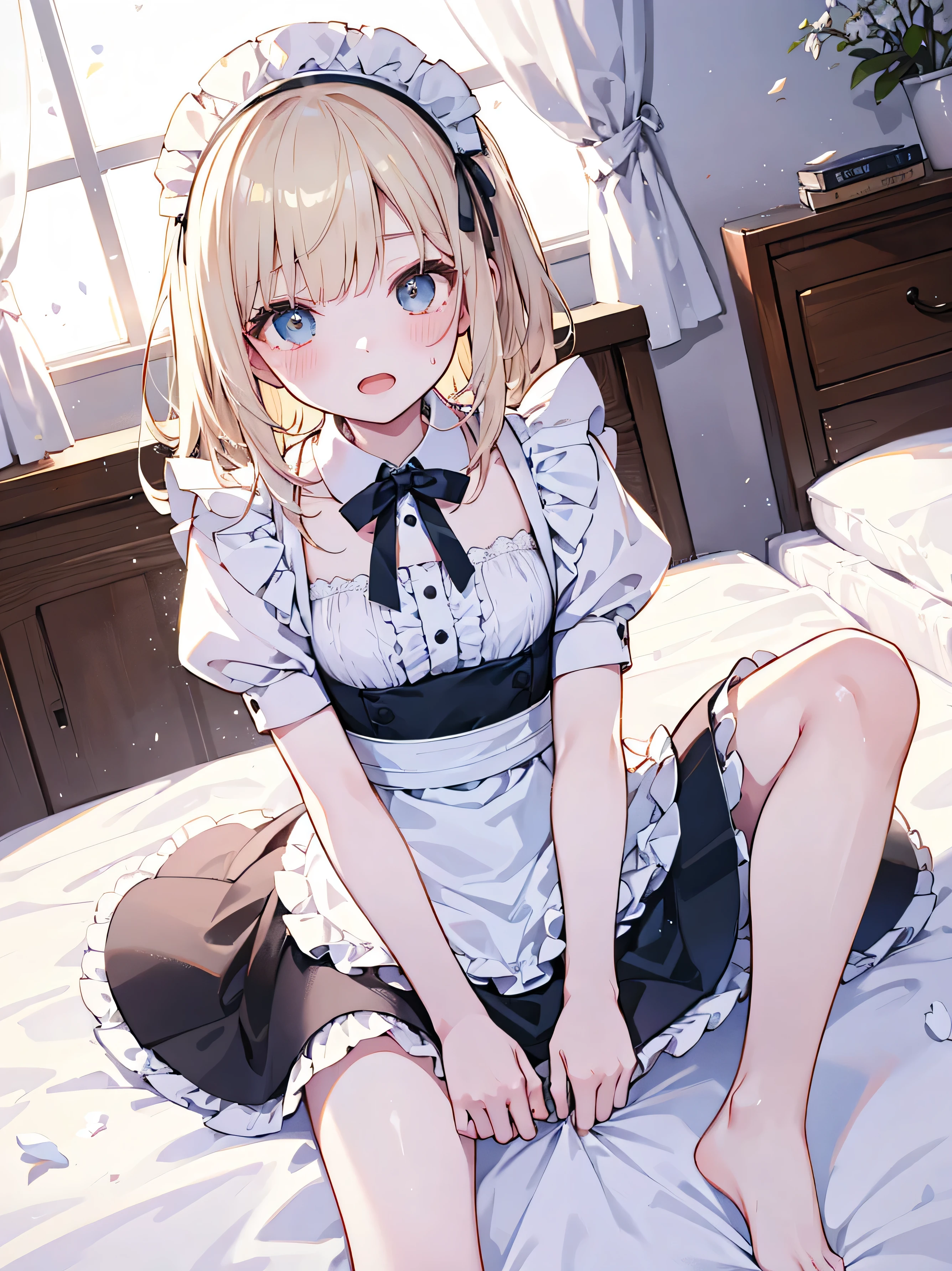 masterpiece, top quality, , 8k, Official Art, Movie Lighting,  1 girl, Maid Outfit, Barefoot, Sweaty feet、sitting, on the bed, bedroom,blushing、Both hands on crotch、open mouth、uncensored、1８ban、angle from above、masturbating、facing up、above、square、slouched eyes、 sunlight,dim room、 staring at the audience,masterpiece 、 top quality 、 、 8k 、 Official Art 、 Movie Lighting 、 Ultra High Definition 、 1 girl 、 maid outfit 、 、 sitting 、 on the bed 、 bedroom 、 sunlight 、 watching the audience 