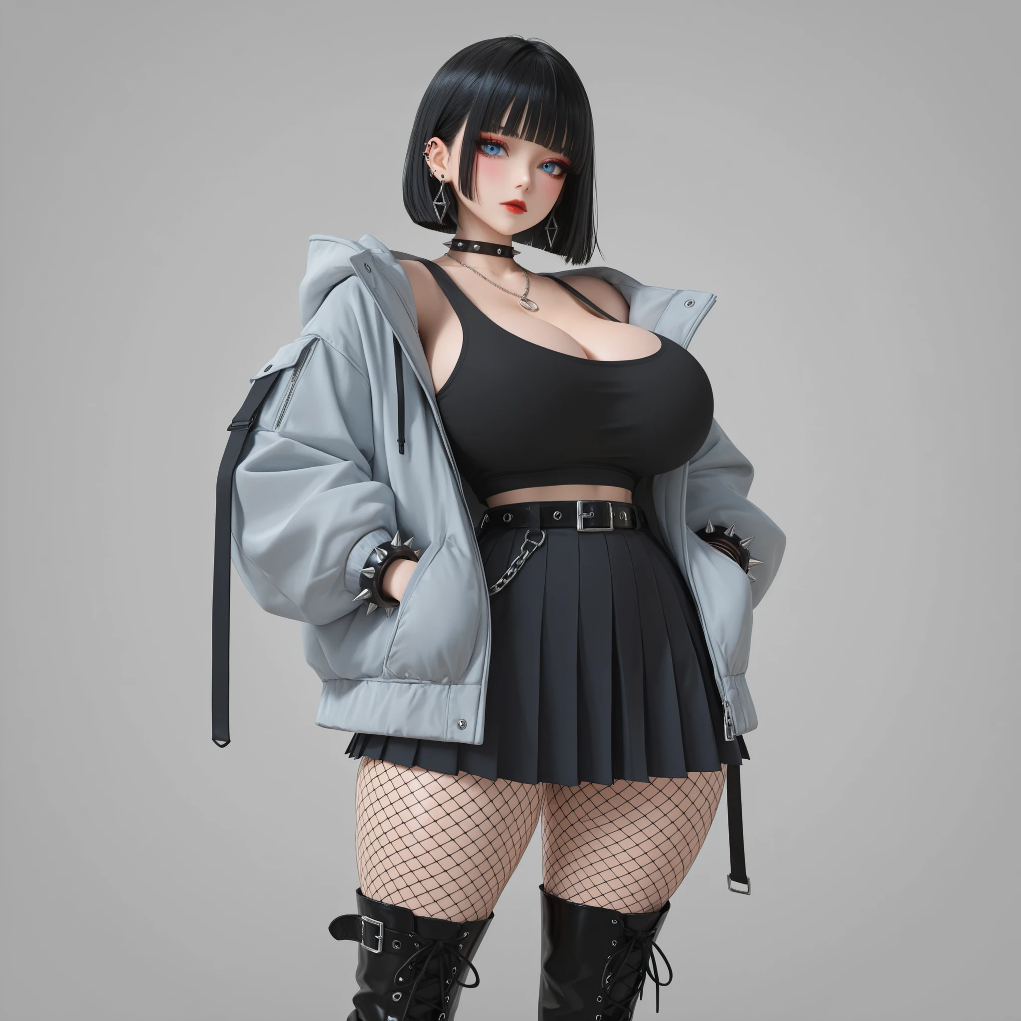 masterpiece, ultra-HD, impressionism, high detail, best quality, very aesthetic, 8K, best quality, beautiful, ultra-high resolution, 32K UHD, sharp focus, 3D, 1girl, solo, short hair, black hair, loose hair, straight hair, bob cut, blunt bangs, almond-shaped eyes, blue eyes, eyelashes, black eyeliner, red eyelids, makeup, red lips, , narrow waist, wide , thick thighs, shapely legs, slim, gray hooded jacket, baggy jacket, black tank top,  belly, cleavage, black pleated skirt, fishnet pantyhose, black thigh high boots, piercings, belt, chains, necklace, earrings, spiked choker, spiked bracelets, rings, blush, expressionless, cute, hands on pockets, standing, looking at the viewer, simple background, front view