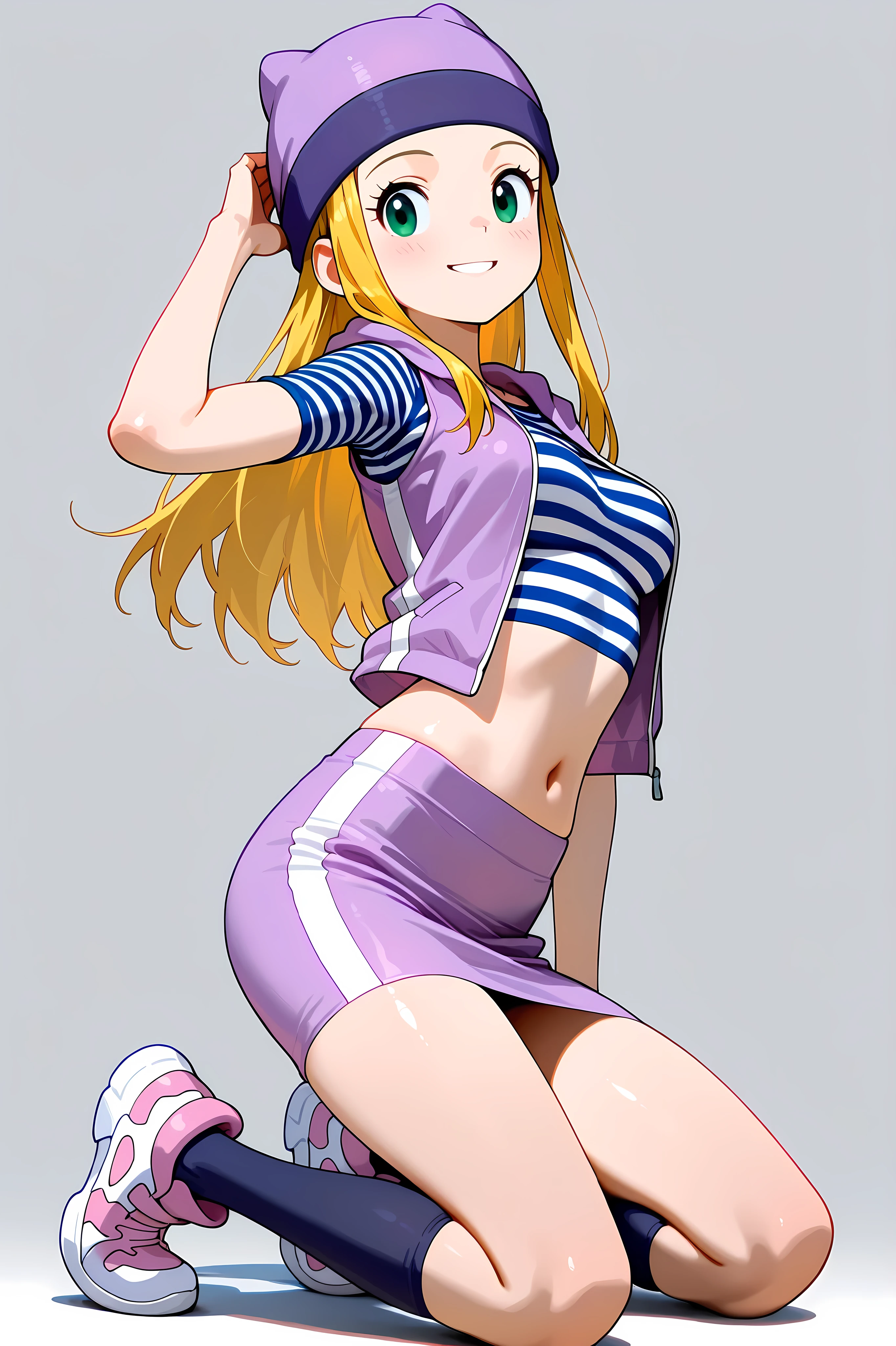 masterpiece, High quality, Ultra detailed, 2d, newest, absurdres, highres, BREAK 1girl, solo, izumi_orimoto, long hair, blonde hair, green eyes, beanie, purple headwear, , izumidef, short sleeves, purple vest, striped shirt, crop top, navel, purple skirt, kneehighs, socks, shoes, kneeling, smiling