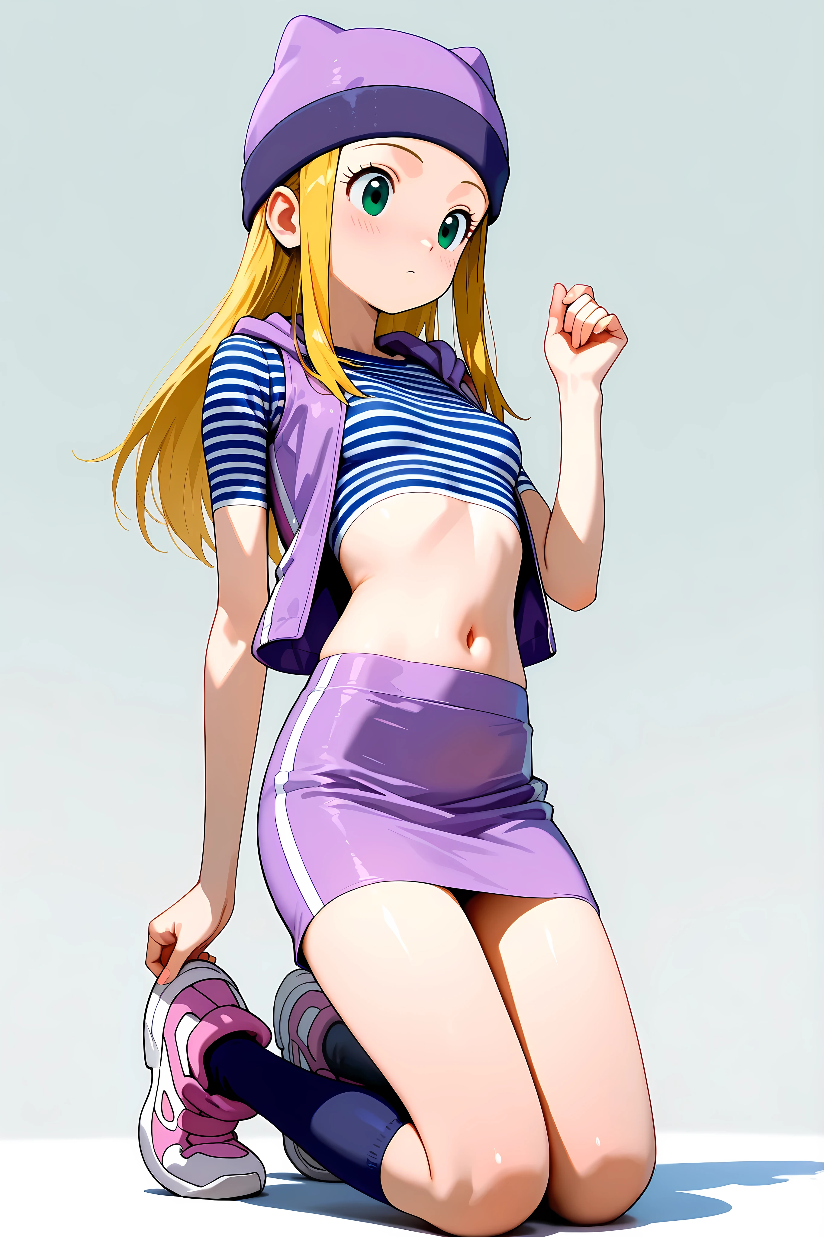 masterpiece, High quality, Ultra detailed, 2d, newest, absurdres, highres, BREAK 1girl, solo, izumi_orimoto, long hair, blonde hair, green eyes, beanie, purple headwear, small , izumidef, short sleeves, purple vest, striped shirt, crop top, navel, purple skirt, kneehighs, socks, shoes, kneeling, legs together,