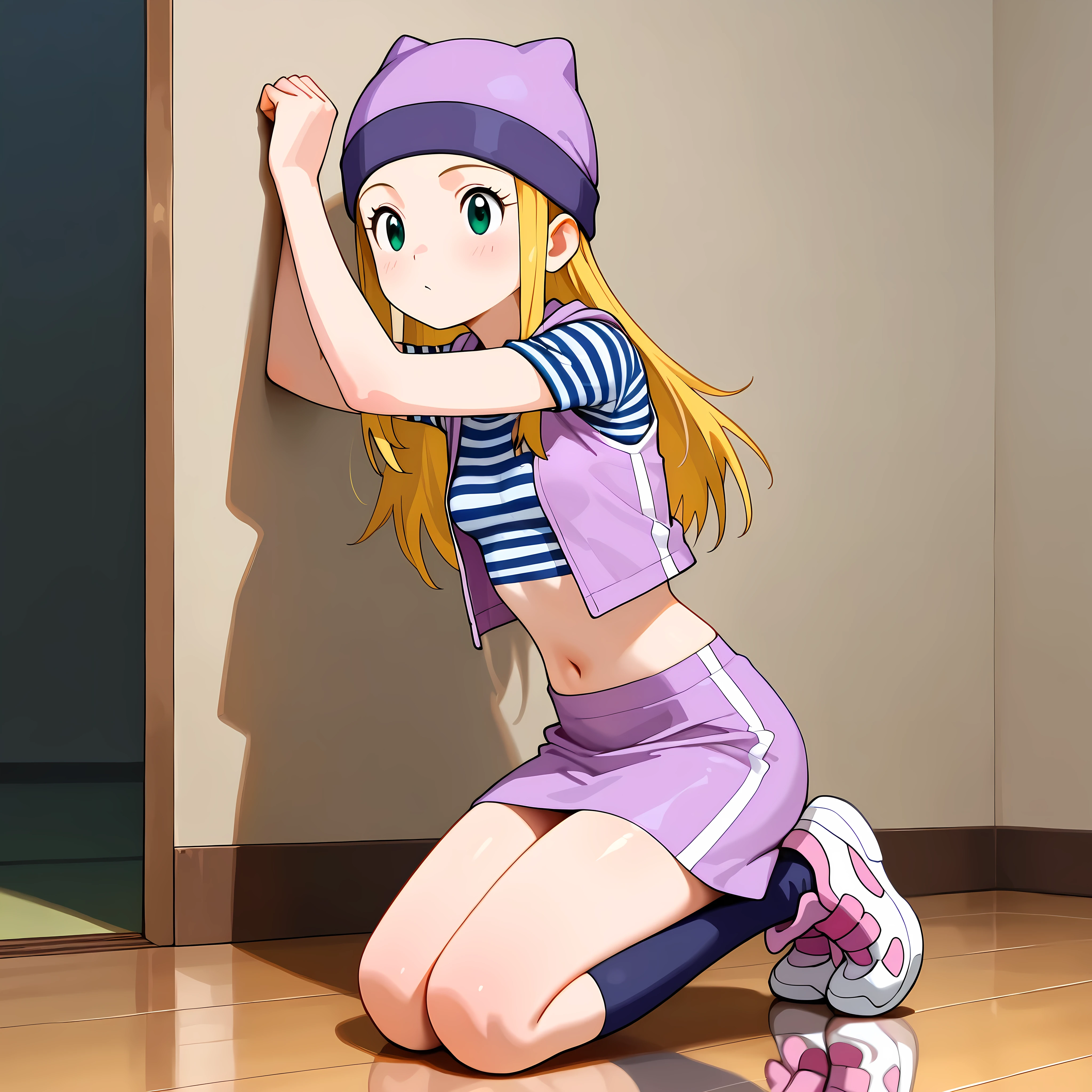 masterpiece, High quality, Ultra detailed, 2d, newest, absurdres, highres, BREAK 1girl, solo, izumi_orimoto, long hair, blonde hair, green eyes, beanie, purple headwear, small , izumidef, short sleeves, purple vest, striped shirt, crop top, navel, purple skirt, kneehighs, socks, shoes, kneeling, legs together,
