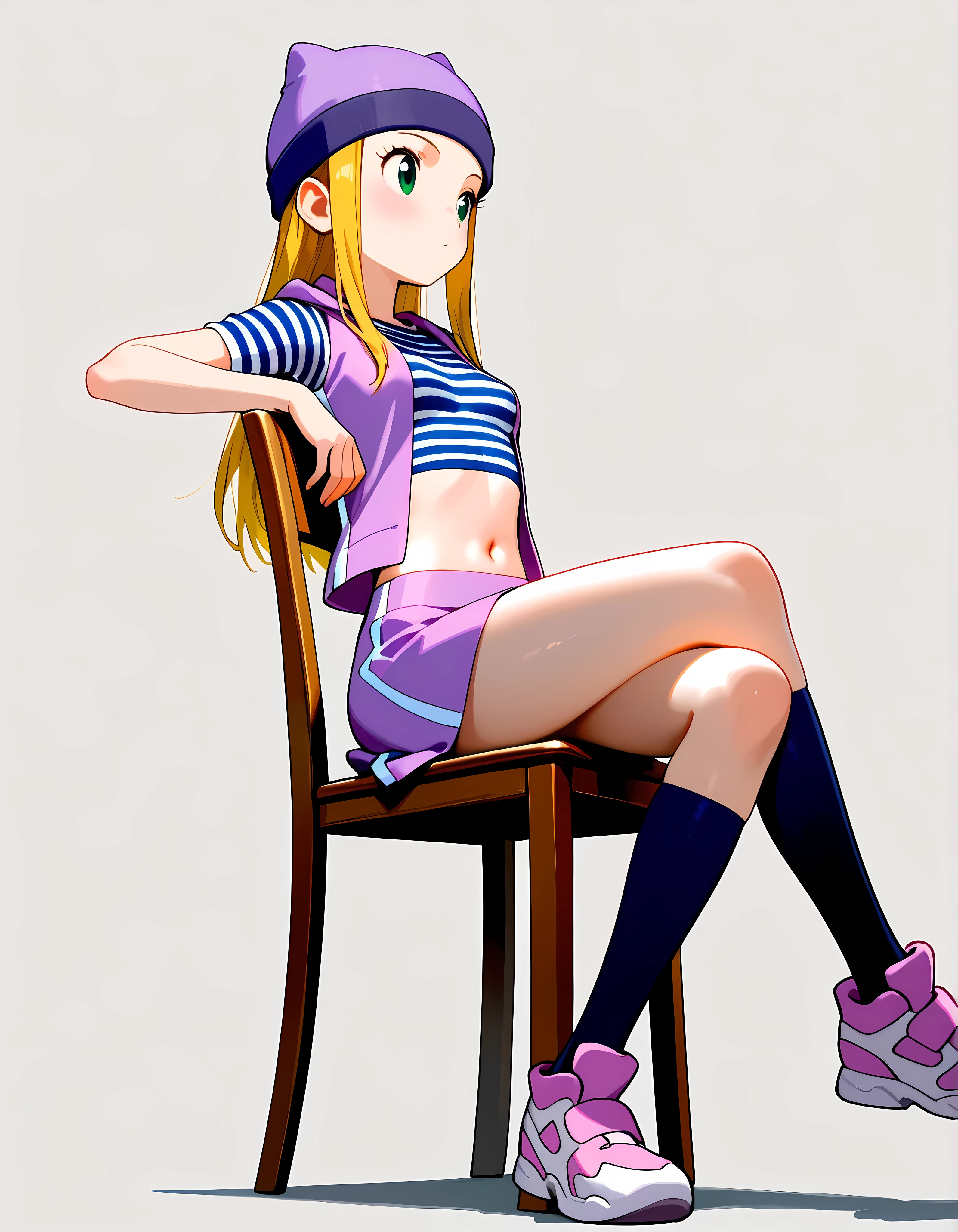 masterpiece, High quality, Ultra detailed, 2d, newest, absurdres, highres, BREAK 1girl, solo, izumi_orimoto, front view, long hair, blonde hair, green eyes, beanie, purple headwear, small , izumidef, short sleeves, purple vest, striped shirt, crop top, navel, purple skirt, kneehighs, socks, shoes, sitting on a chair, legs crossed
