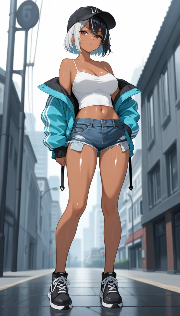 (blank background), (((full body framing))), standing, (masterpiece), (best quality), huge girl, (muscular girl:0.8), (thin hair:1.7), (long blue jeans), massive breast, hair over one eye:1.4, sport , (fuchsia hair), belt under navel, sneakers, ((long legs:1.6)), rock band shirt, cute:1.8, adorable:1.8, leather jacket, cyberpunk girl, ear piercings, earrings, tatoo, (very curvy:1.3), 1girl, solo, (curvy:1.4)