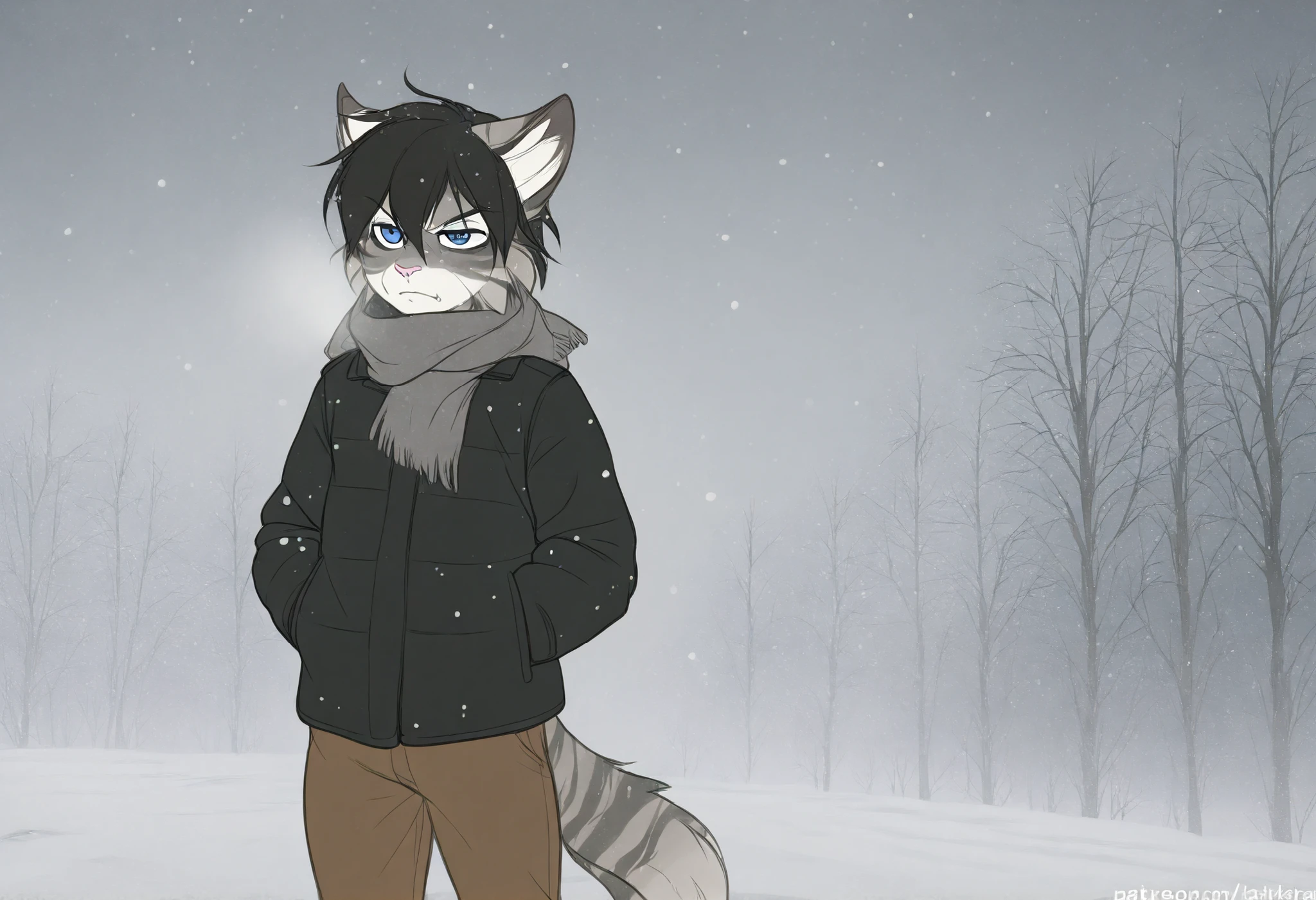 best quality, detailed, beautiful, edgarIskra, black hair, blue eyes, striped fur, grey fur, skinny, 1boy, solo, furry, winter, outside, hands in pockets, scarf, black jacket, brown pants, scowl, cold, shivering, closed mouth, snowing, snow