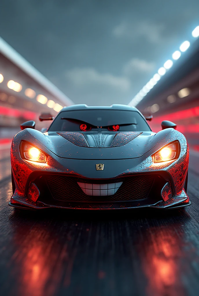 “3D Italian brainrot style sports car character, mischievous confident grin, glowing headlights, shiny reflective finish, racing background, fast dynamic pose, high-energy lighting