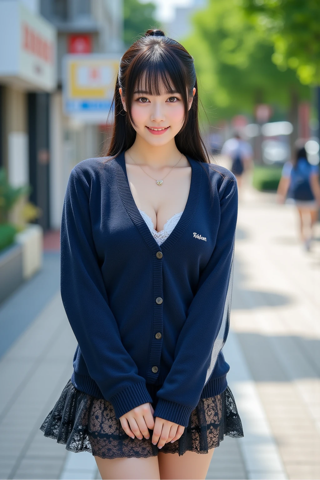 nakano_miku, long hair, hair between eyes, headphones, headphones around neck, long sleeves, shirt, white shirt, cardigan, blue cardigan, skirt, pantyhose, gigantic breasts, outdoors, smile, looking at viewer, full body, idle