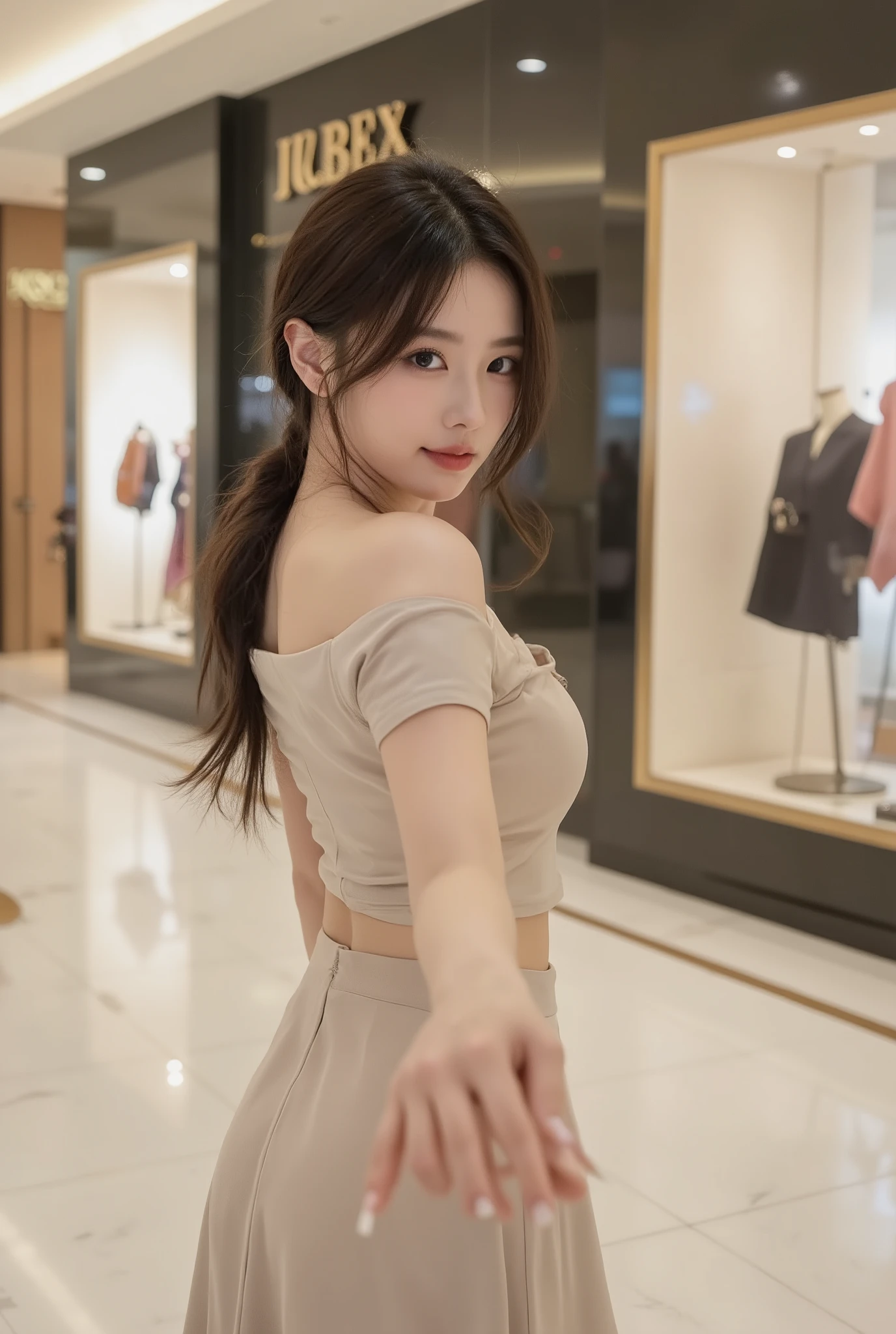 Ultra realistic 8K portrait of a beautiful young Korean Chinese woman in her 20s with (large natural breasts:1.5). She wears a fitted beige two-piece set, featuring an off-the-shoulder crop top modified with short sleeves and a matching, figure-hugging long skirt.
She poses in a flirty manner, reaching hand out toward the camera lens as if to hold hands, POV style, soft focus on hand, sharp focus on smiling face, walking backwards, dynamic motion blur, happy girlfriend vibe. Her hair is styled in a messy side braid with loose strands framing her face with a subtle wave.
Inside brightly lit luxury shopping mall, polished marble floors, high-end designer store facades blurred in background. Cinematic lighting, strong depth of field, masterpiece quality, half body shot.