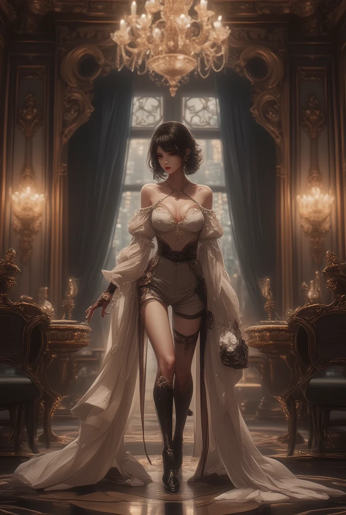 ((Лучшее качество)), ((шедевр)), (подробный), girl pirate  red_lips  adult  black_hair  eye_patch  brown_skin_corset  skin_jackboots  badroom    full body