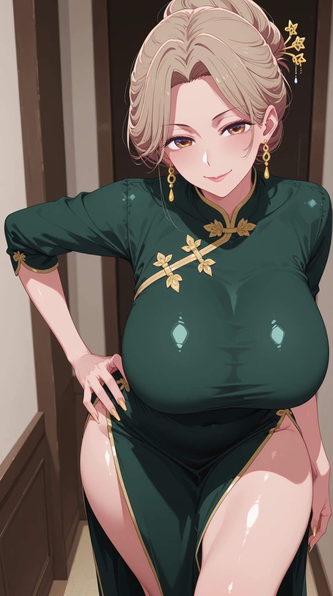 Please follow all prompts below exactly and faithfully. This is a breathtaking masterpiece of digital illustration, with maximum resolution, UHD, 512K, 2160p, 10 million ppi, 300 million dpi, natural color tones, ultra sharp details, perfect outlines with contrast, most realistic skin and hair textures, most beautiful detailed eye features, perfect anatomically correct human body, beautiful background with depth, rule of thirds, depth of field, Maximize all element is used to its full potential to create the best digital illustrations, looking back, , 1woman, :1.5, beautiful face sharp, elegant woman, perfect body style, slender, beautiful , green eyes, blonde hair, hair over one eye, short hair, glossy very thick lips:0.7, pink lipstick:0.7, smile, (Chinese clothes:1.5), ultra miniskirt:1.3, neckless:1.5, earring, bracelet, (open cafe:1.5),
