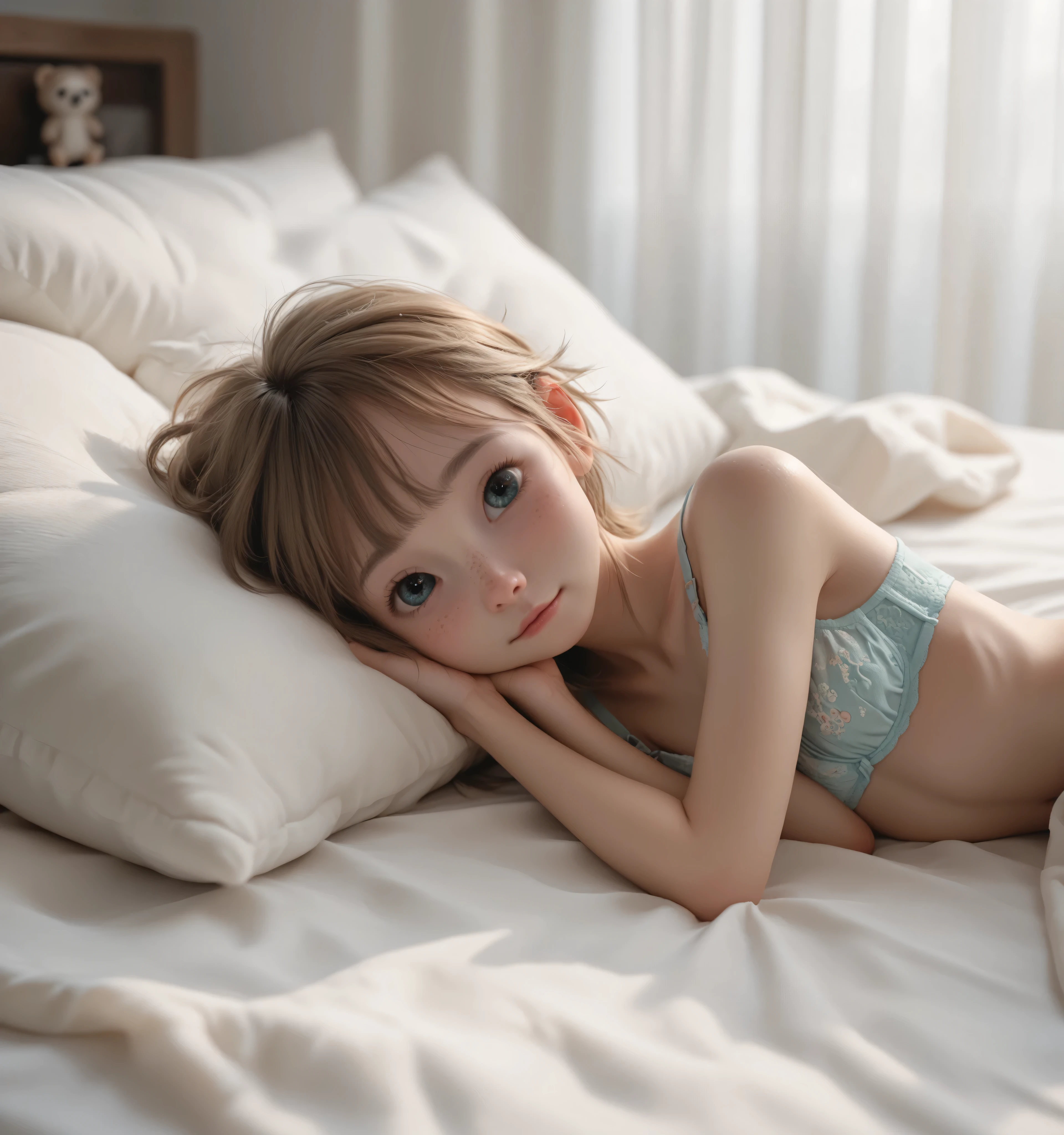 1 girl, model girl with a pillow, lying on the bed, cute bra, no , she looks at viewers,(smile:0.5), (younger:1.5),(skinny:1.3),Japanese, (:0.8),BREAK,(cute face)