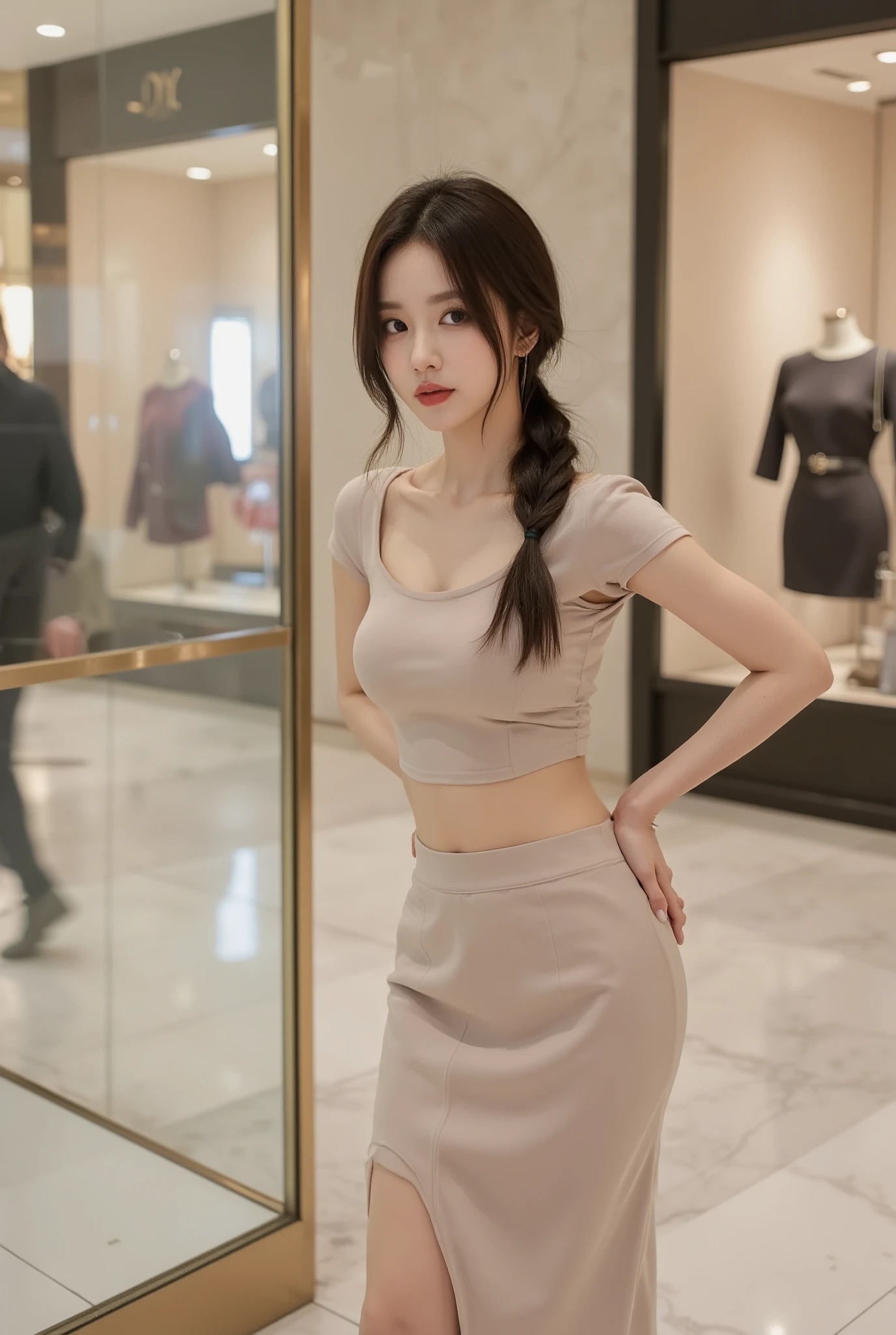 Ultra realistic 8K portrait of a beautiful young Korean Chinese woman in her 20s with (large natural breasts:1.5). She wears a fitted beige two-piece set, featuring an off-the-shoulder crop top modified with short sleeves and a matching, figure-hugging long skirt.
She poses in a flirty manner, hands on hips, leaning against a shop window, tapping foot, mock annoyed expression, pouting lips, sassy posture, full body shot, accentuating hourglass figure. Her hair is styled in a messy side braid with loose strands framing her face with a subtle wave.
Inside brightly lit luxury shopping mall, polished marble floors, high-end designer store facades blurred in background. Cinematic lighting, strong depth of field, masterpiece quality, half body shot.