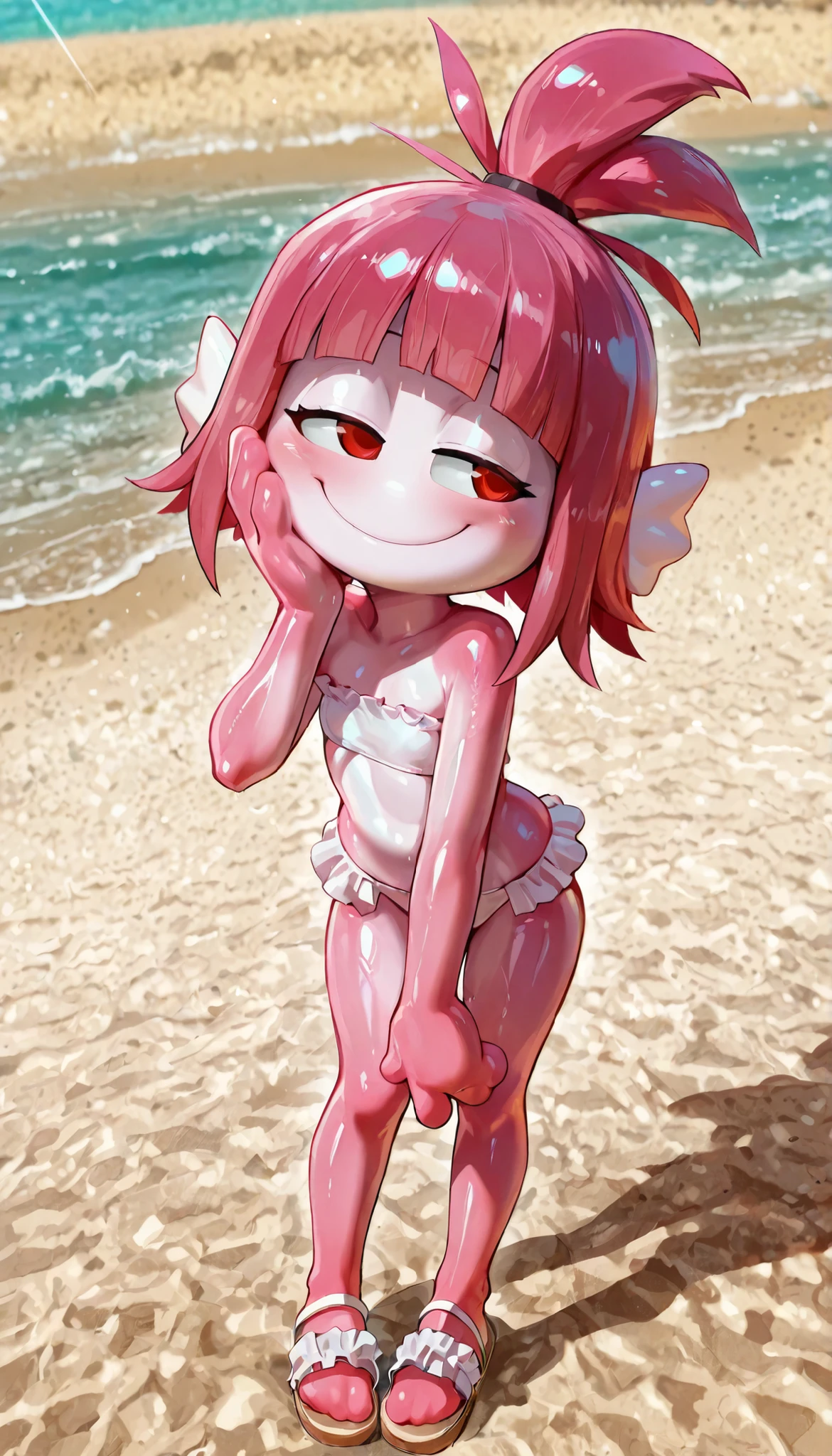 score_9, score_8_up, score_7_up, source_anime, 1girl, solo, monster girl, deep pink hair, straight bangs, pointed spiky topknot ponytail, red eyes, half close eyes, pink skin, four fingers, finn ears, ((white bundeau strapless frilly bikini, sandals)), shiny skin, full body, cute, oily skin, smile, shy, cute pose, sexy, anime style, thick outline, countershading, anime style, slender body, short body, 2D animation, noseless, looking at you, one hand on cheek, beach background, standing,