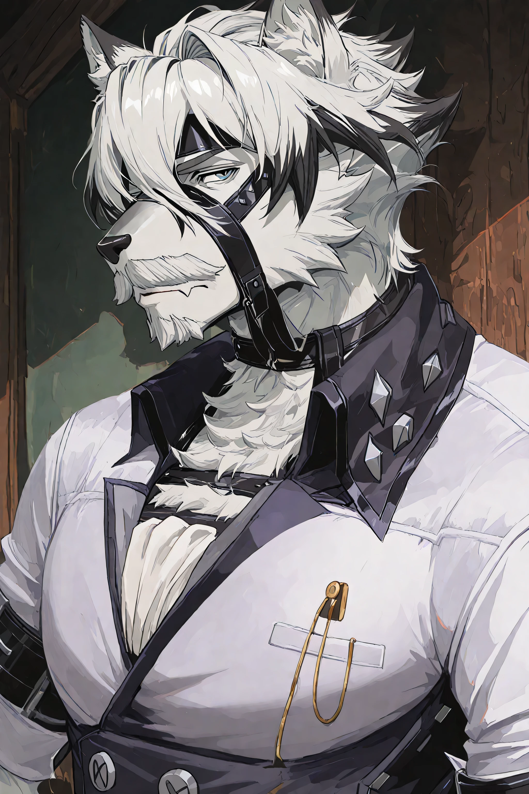 wolf anthro,OmnimanIL, 1boy, black hair, short hair, blue eyes, male focus, mature male, mustache, muscular,von lycaon,