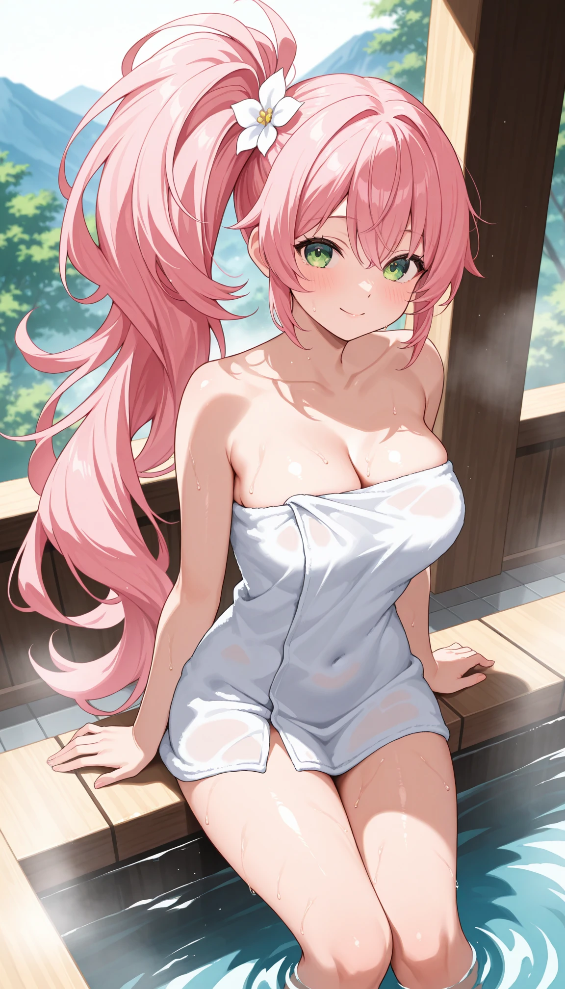 naked towel, large breasts, solo, wet, armpits, looking at viewer, collarbone, blonde hair, pink hair, cleavage, hair down, hair between eyes, parted lips, 1girl, blush, arms up, arms behind head, long hair, green eyes <lora:naked_towel:1>