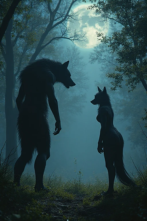 Two werewolf women in a seductive yet aggressive pose under a full moon, one crawling with a defiant gaze, the other standing tall. Dark leather clothing accentuates their athletic bodies in a shadowy forest, evoking dark realism.
