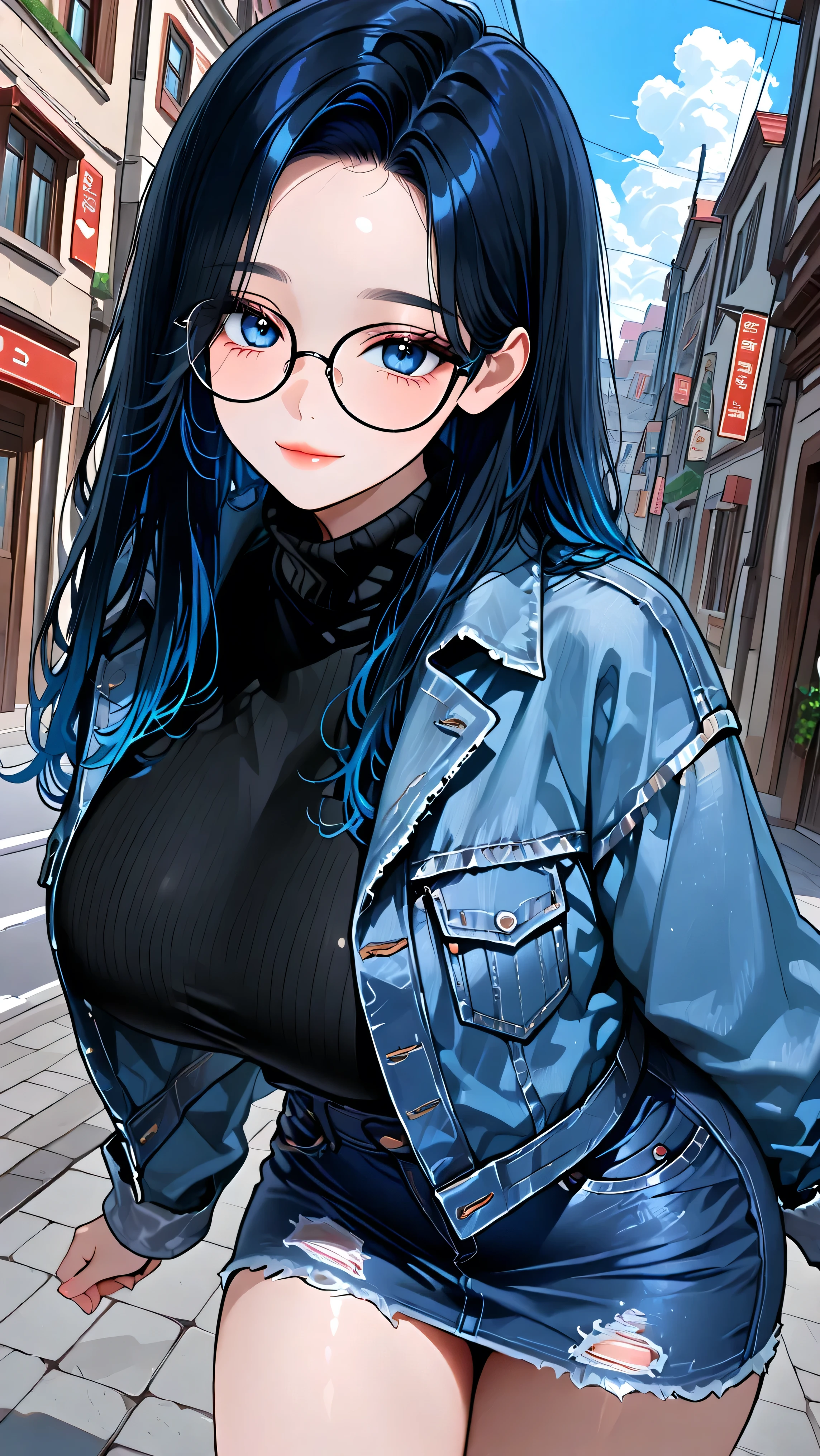 masterpiece, Webtoon art style, 1 woman, solo, anime, 21 years old, vibrant colors, Sapphire blue eyes, (((Korean hairstyle))), hair down, (black hair), glasses, big breasts, black sweater, denim jacket, denim skirt, clean lineart, flat coloring, bold outlines, Korean manhwa aesthetics, light smile, city's bustling road, metropolis, having a date, sweet, forehead, free angle, free pose, dynamic pose, day, wide and far FOV