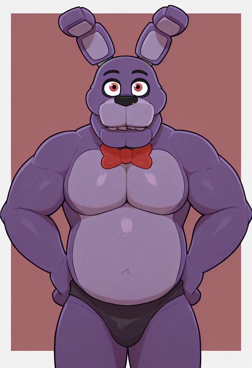 Shadow Freddy, Purple fur, Black bowtie, Black top hat, one ear, furry, animatronic, wires out of eye, wires out of head, withered body, buttons, glowing teeth, white pupil,  black sclera, Male. solo, chubby, pecs, black nipples, hands behind head, black boxers, penis bulge, flaccid penis