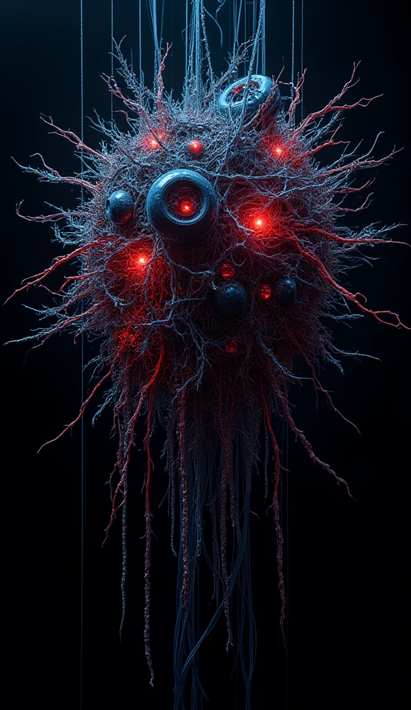 Dark blue background, red microorganism image,blood vessels,  Red Sphere, Strange red particles,  very intense, 3 d fluid simulation render,  Digital single-lens reflex camera, Countless tentacles,virus､fine hair-like tentacles,Tentacles that extend radially and randomly