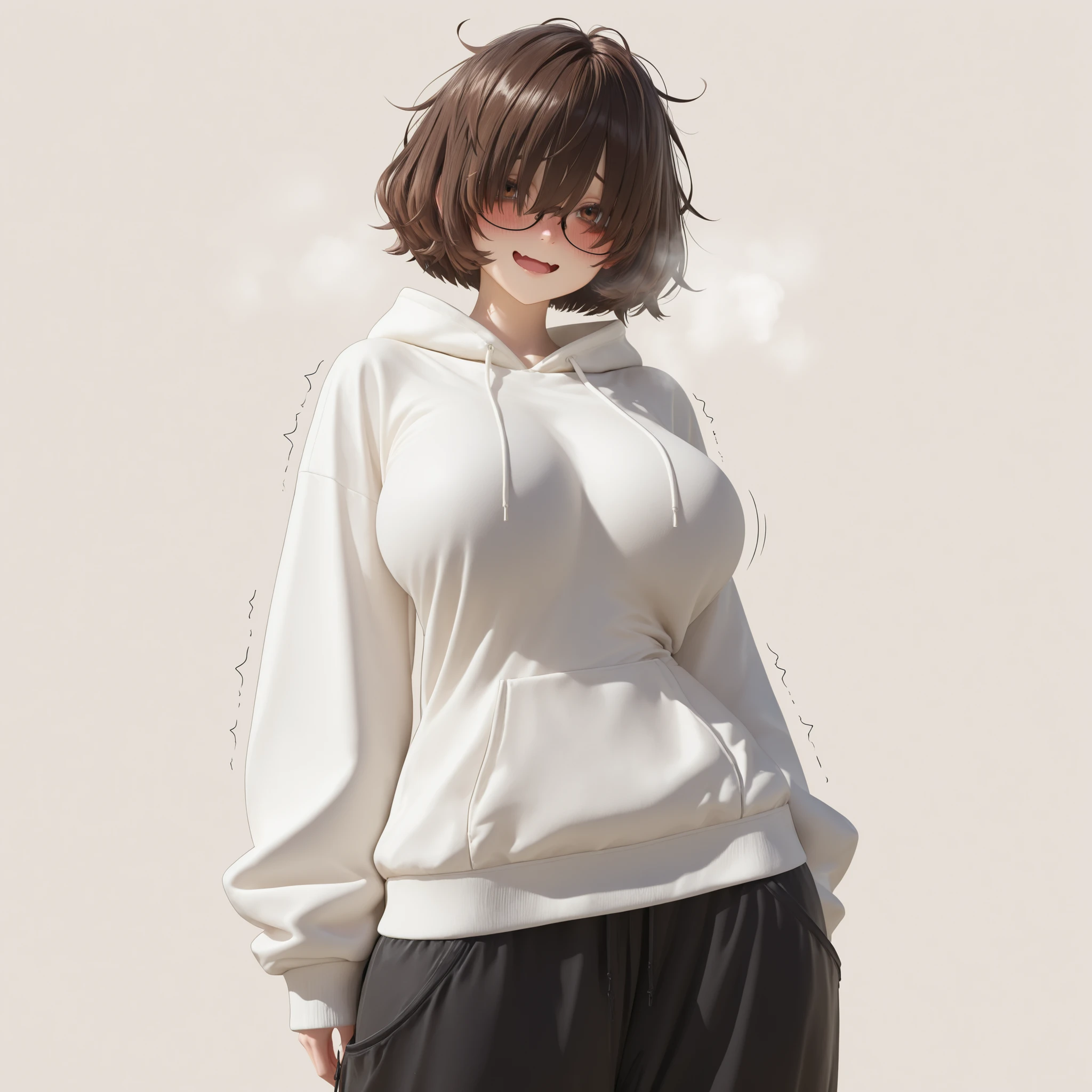 masterpiece, ultra-HD, impressionism, high detail, best quality, very aesthetic, 8K, best quality, beautiful, ultra-high resolution, 32K UHD, sharp focus, 3D, 1girl, solo, short messy hair, brown hair, puffy hair, bob cut, hair over eyes, brown eyes, eyelashes, bags under eyes, , narrow waist, wide , thick thighs, shapely legs, slim, black baggy hoodie, black baggy pants, glasses, full-face blush, tired, , excited, open mouth, smile, trembling, steam, wavy mouth, shy, nervous, cute, standing, looking at the viewer, simple background, front view