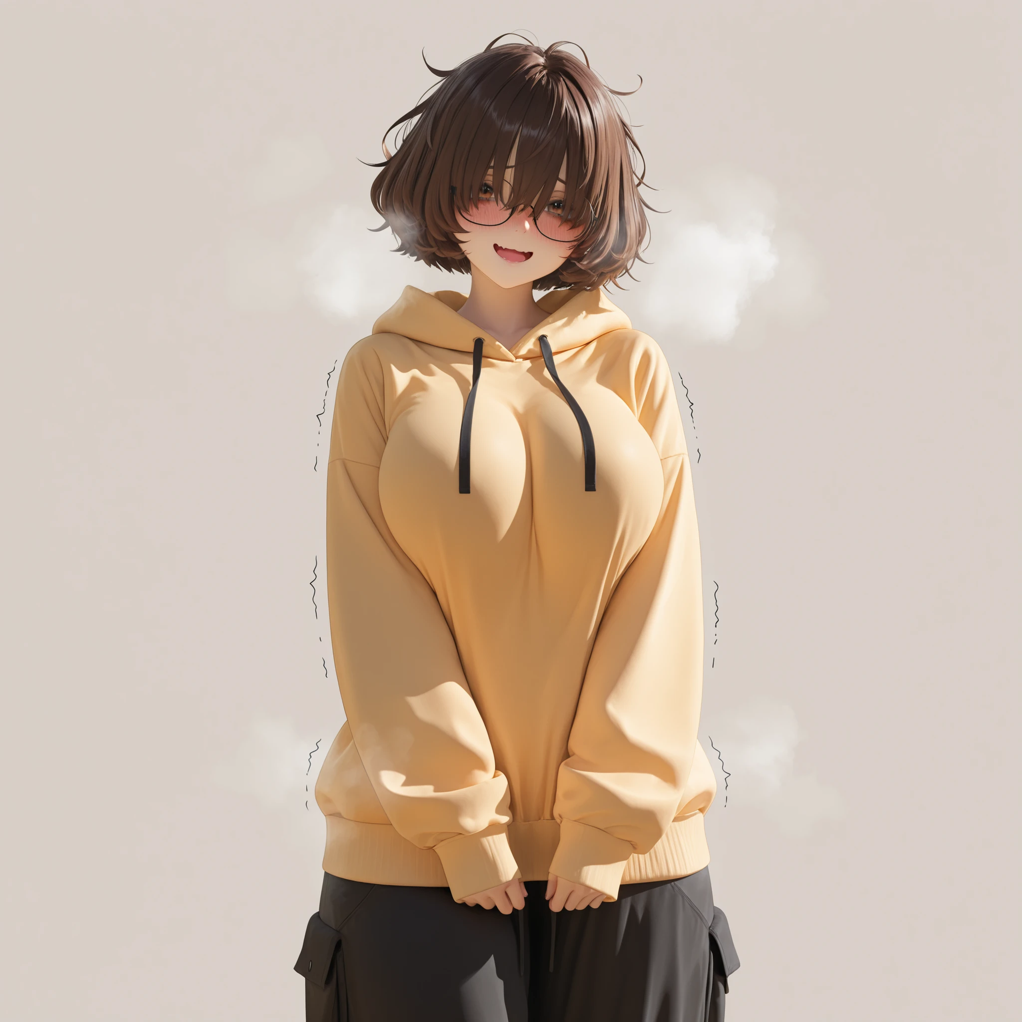 masterpiece, ultra-HD, impressionism, high detail, best quality, very aesthetic, 8K, best quality, beautiful, ultra-high resolution, 32K UHD, sharp focus, 3D, 1girl, solo, short messy hair, brown hair, puffy hair, bob cut, hair over eyes, brown eyes, eyelashes, bags under eyes, , narrow waist, wide , thick thighs, shapely legs, slim, black baggy hoodie, black baggy pants, glasses, full-face blush, tired, , excited, open mouth, smile, trembling, steam, wavy mouth, shy, nervous, cute, standing, looking at the viewer, simple background, front view