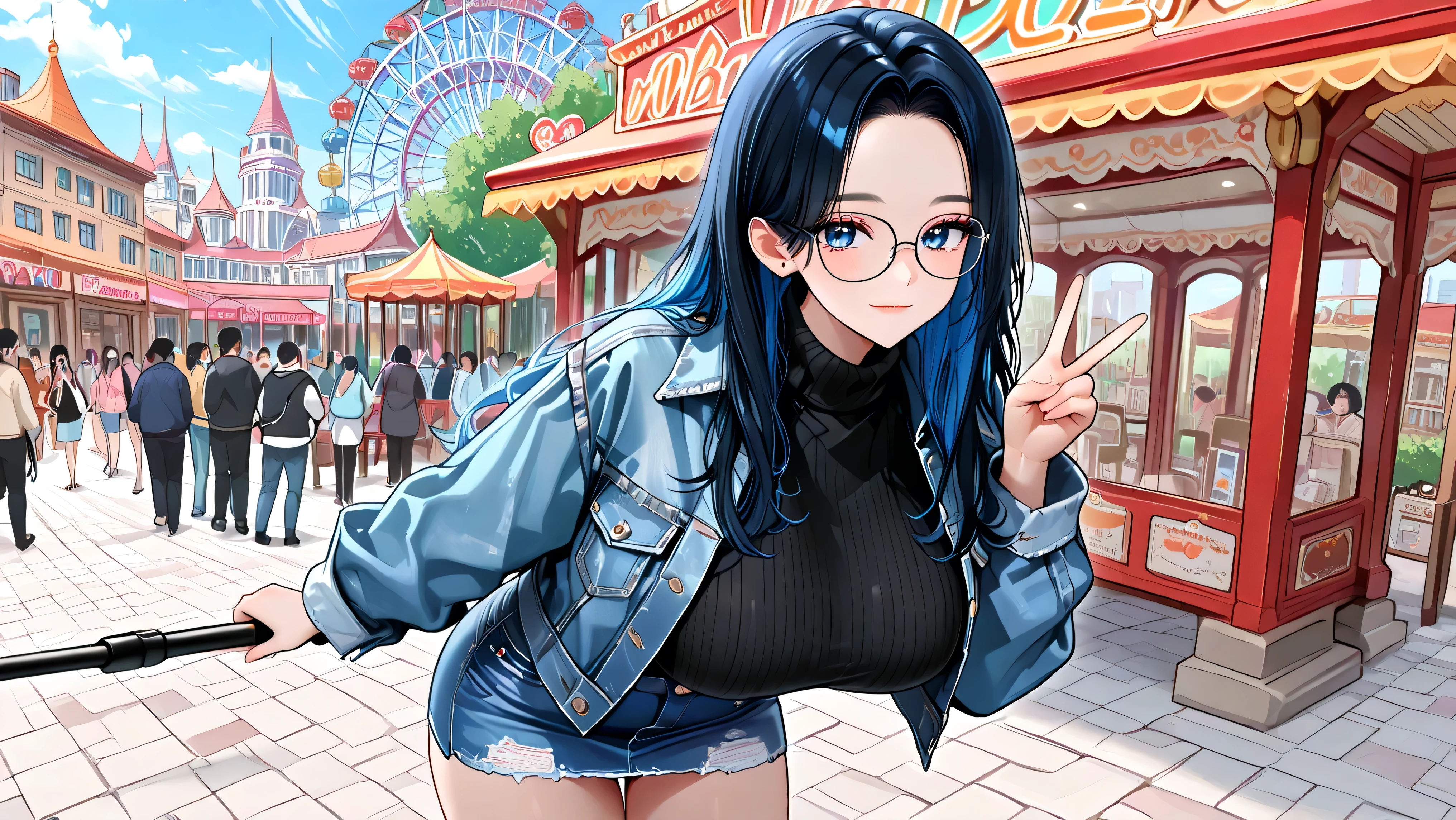 masterpiece, Webtoon art style, 1 woman, solo, anime, 21 years old, vibrant colors, Sapphire blue eyes, (((Korean hairstyle))), hair down, (black hair), glasses, big breasts, black sweater, denim jacket, denim skirt, clean lineart, flat coloring, bold outlines, Korean manhwa aesthetics, light smile, Dreamworks' amusement park, crowdy, bustling with people, having a date, sweet, forehead, taken from tripod, hand sign, day, wide and far FOV