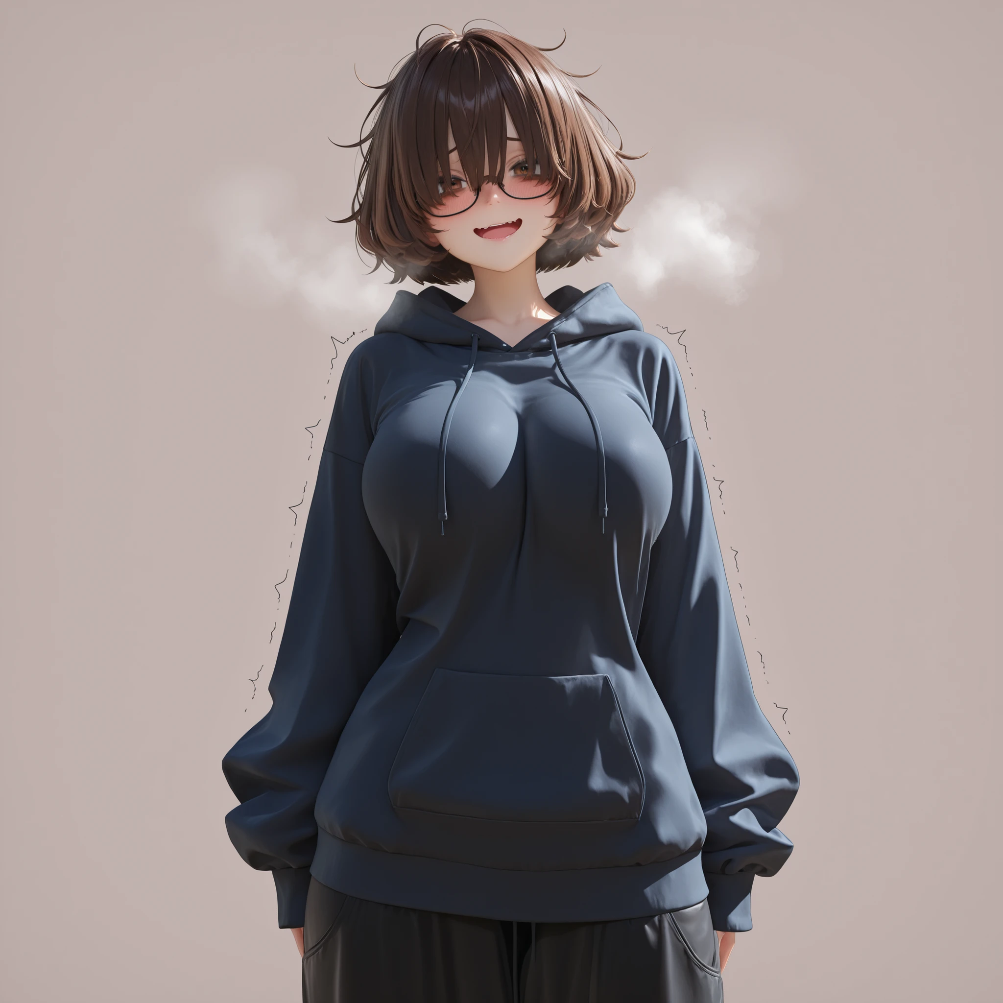 masterpiece, ultra-HD, impressionism, high detail, best quality, very aesthetic, 8K, best quality, beautiful, ultra-high resolution, 32K UHD, sharp focus, 3D, 1girl, solo, short messy hair, brown hair, puffy hair, bob cut, hair over eyes, brown eyes, eyelashes, bags under eyes, , narrow waist, wide , thick thighs, shapely legs, slim, black baggy hoodie, black baggy pants, glasses, full-face blush, tired, , excited, open mouth, smile, trembling, steam, wavy mouth, shy, nervous, cute, standing, looking at the viewer, simple background, front view