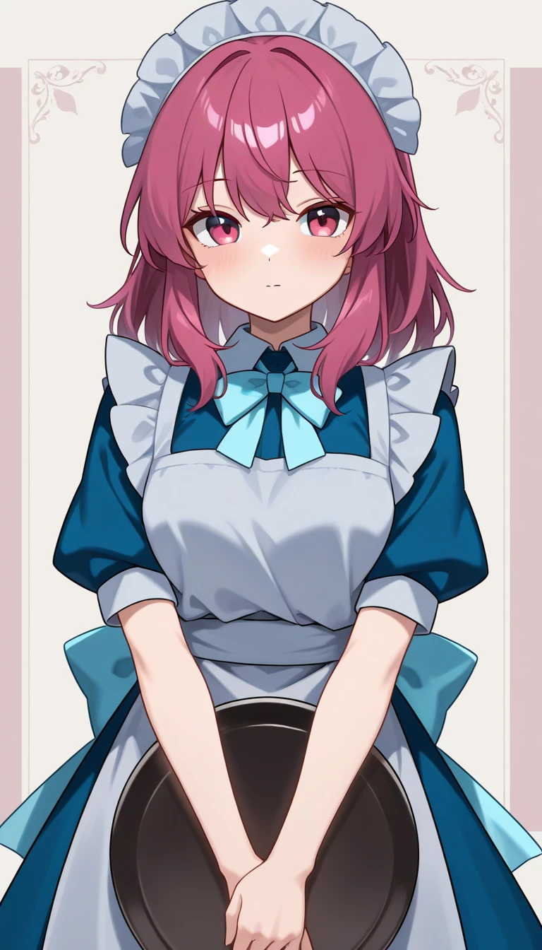 Female chef between 18 and 20 years old, with a pink long-sleeved uniform and a chef's hat of the same color, 2D anime style with pastel colors, short blue hair, Red eyes ,with a happy expression, on a completely green and flat background