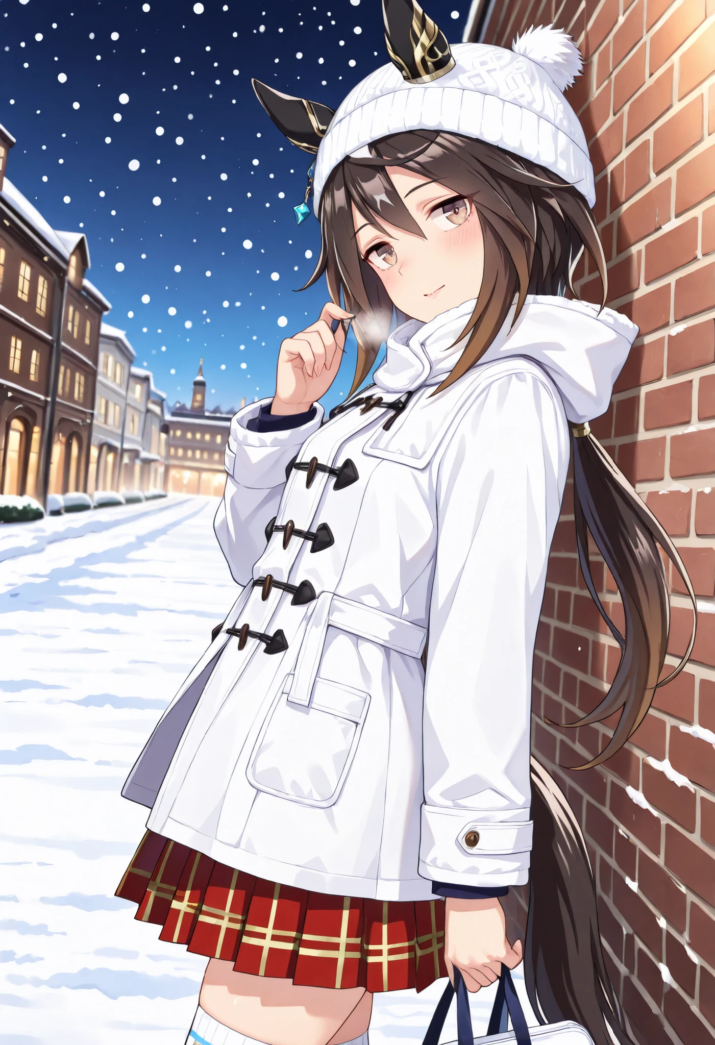 (masterpiece, best quality, perfect face:1.4), wide angle, stay gold \(umamusume\), black hair, multicolored hair, brown eyes, hair between eyes, white hair, low ponytail, brown hair, single ear cover, two-tone hair, streaked hair, small breasts, horse ears, horse tail, tail on the lower back, proportional body, proportional,1 girl, beautiful hair, beautiful face, beautiful detailed eyes, beautiful clavicle, beautiful body, beautiful chest, beautiful thigh, beautiful legs, beautiful fingers, BREAK, white winter coat, snowy landscape, snowing, white knitted hat, winter clothes, white breath, winter, winter cold sky, plaid pattern pleated red skirt, pattern of snowflake thighhighs, BREAK, (close up face:1.3), (from side:1.3), face focus, dynamic angle, head tilt, shy, embarrassed, blush, looking away, (standing:1.1), leaning on object, (leaning back:1.3), crossed legs, hair twirling, cute hand bag, holding bag, night, brick wall, winter, snow, city, nails, lips, earrings, (solo:1.3), BREAK, ecstatic expression, Ergonomically Correct Body, textured skin, realistic skin, HDR, BREAK, (perfect hands, perfect anatomy),