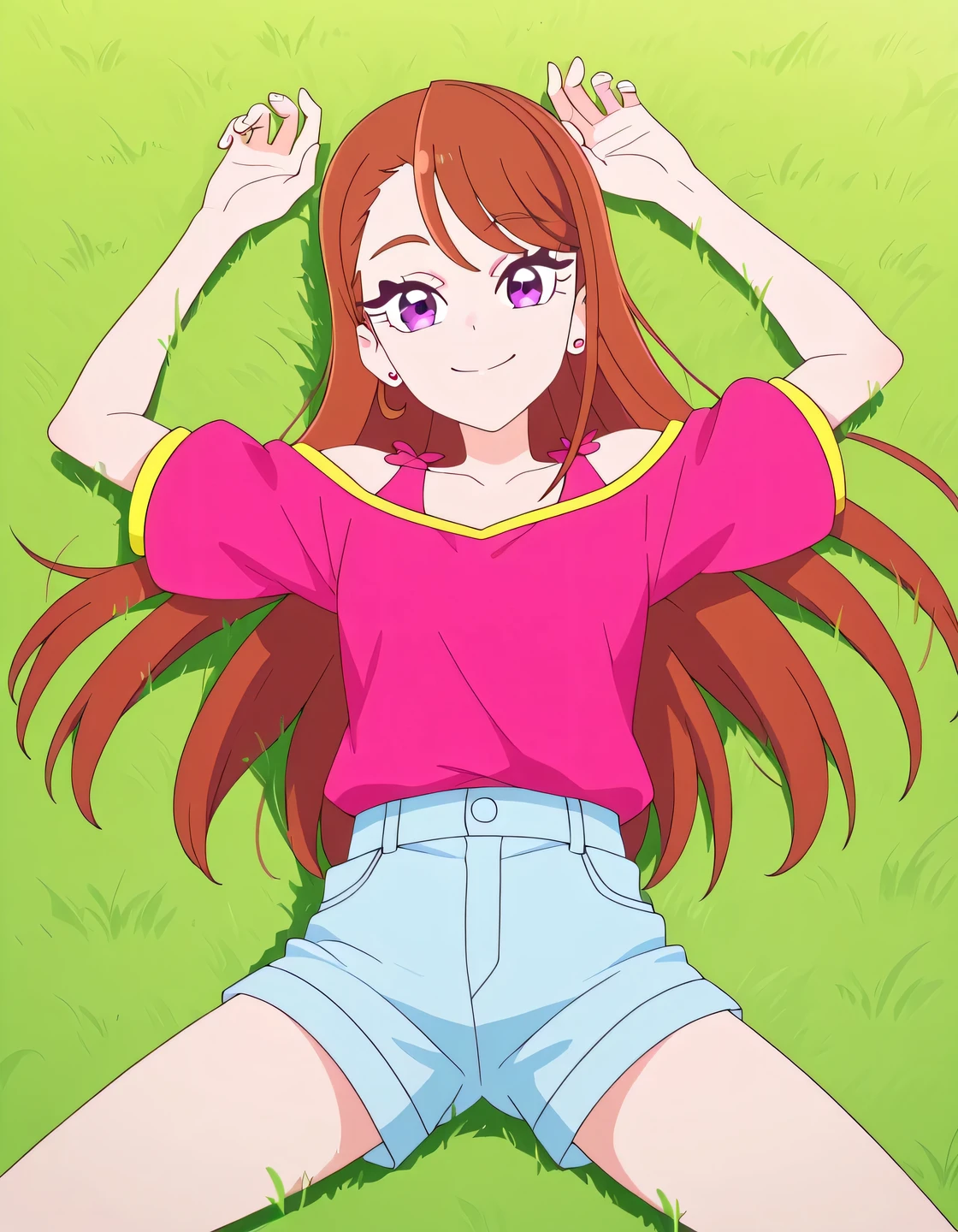 Ageha brown hair, long_hair, purple_eyes, small , earrings, shoulders dark pink shirt, short pants, high quality, solo, lying, on back, arms up, , cowboy shot, closed mouth, smile, grass, field, looking at viewer, best quality,