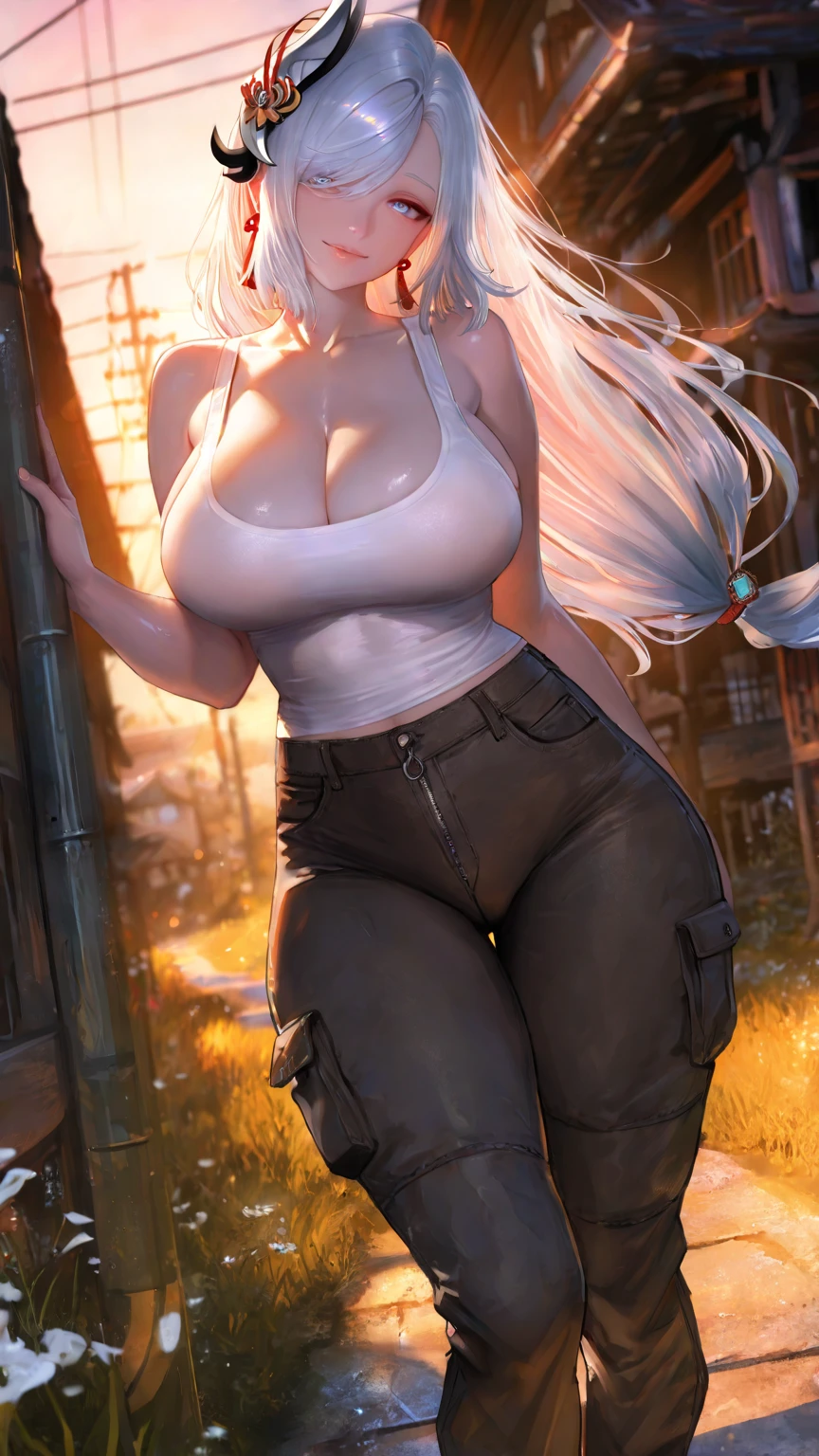 A dark-skinned woman with silver hair in a ponytail, Wearing a black dress shirt and slim jeans, Fried bear meat　Showing your belly button