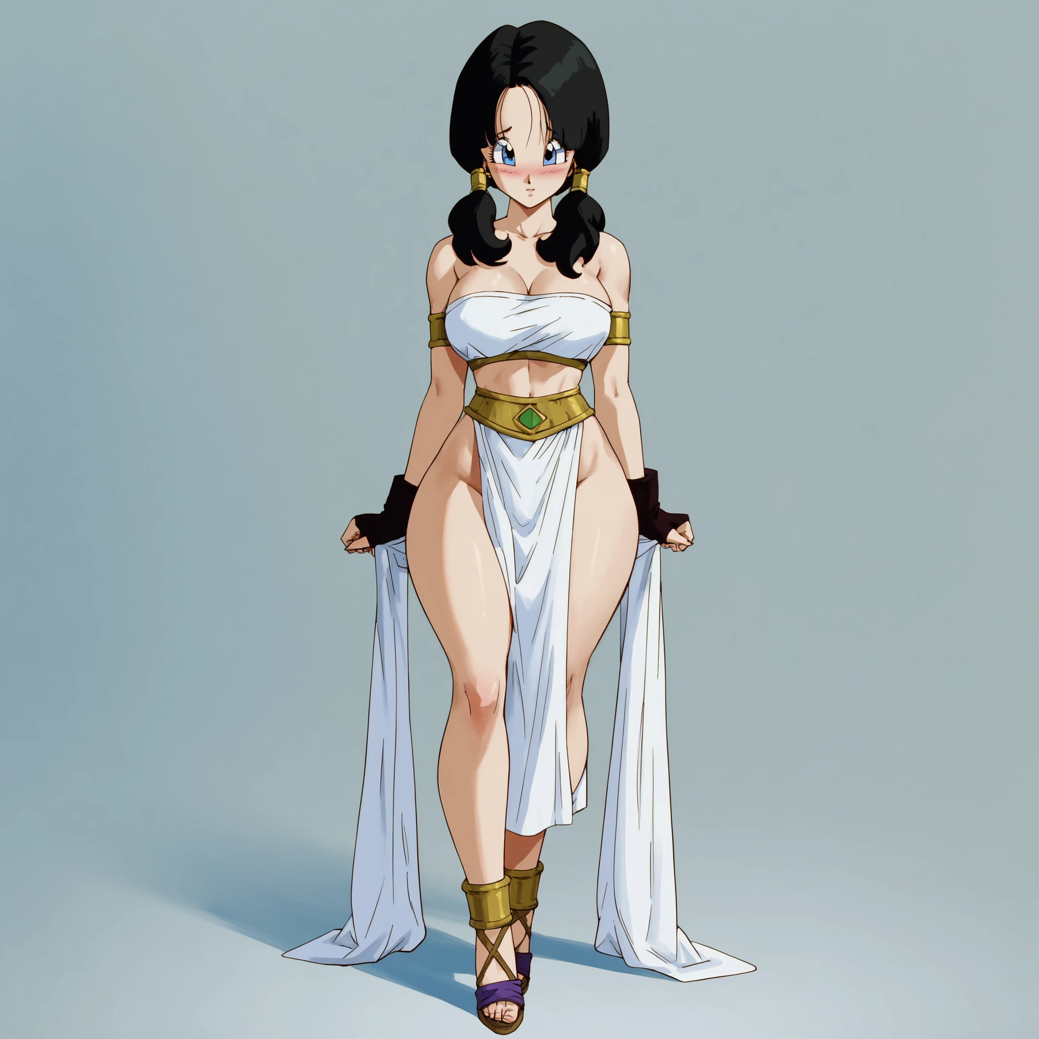 masterpiece, ultra-HD, impressionism, high detail, best quality, very aesthetic, 8K, best quality, beautiful, ultra-high resolution, 32K UHD, sharp focus, dragon ball style, 1girl, solo, videl, black hair, short hair, straight hair, parted bangs, low twintails, hair tubes, blue eyes, eyelashes, big breasts, narrow waist, wide hips, thick thighs, shapely legs, slim, black bandeau, white loincloth, belly dancer suit, blush, shy, cute, standing, full body, looking at viewer, simple background, front view