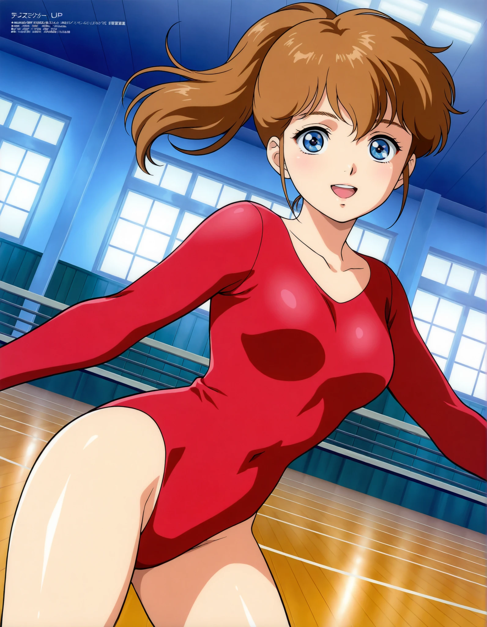 (((Masterpiece))), (((Best Quality))), ((Super Detail)), ultra-High resolution, score_9, score_8_up, score_7_up, score_6_up, score_5_up, score_4_up, BREAK, source anime, anime screencap, Masterpiece, (absurdres), (detailed background), (very aesthetic), detailed beautiful eyes, outstanding, exquisite animation illustration, curvy, highres, anime style, anime coloring, animification, megami magazine, 1girl, solo, Hikari Kamijo, blue_eyes, brown_hair, long_hair, ponytail, athletic_leotard, rhythmic gymnast, smile, open mouth, (arabesque position:1.2), gym, shiny skin, looking at viewer, dutch angle, cowboy shot, novel illustration,