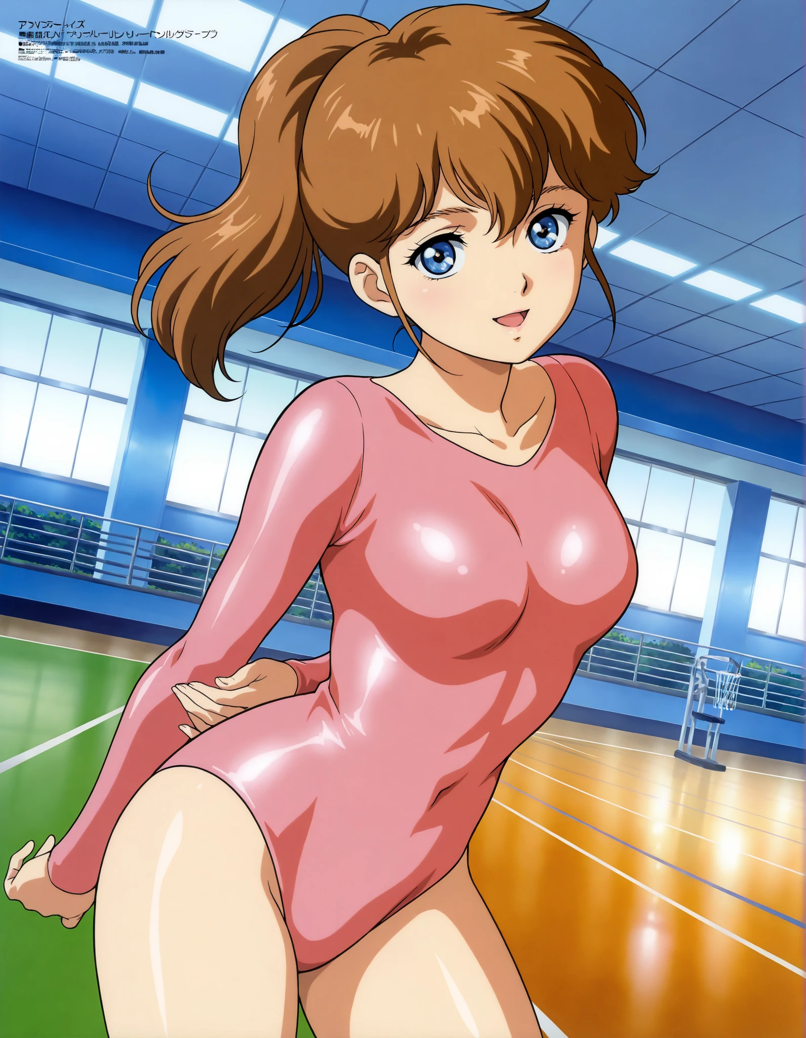 (((Masterpiece))), (((Best Quality))), ((Super Detail)), ultra-High resolution, score_9, score_8_up, score_7_up, score_6_up, score_5_up, score_4_up, BREAK, source anime, anime screencap, Masterpiece, (absurdres), (detailed background), (very aesthetic), detailed beautiful eyes, outstanding, exquisite animation illustration, curvy, highres, shiny clothing,  pose, submissive pose,  pose, anime style, anime coloring, animification, megami magazine, 1girl, solo, Hikari Kamijo, blue_eyes, brown_hair, long_hair, ponytail, athletic_leotard, rhythmic gymnast, smile, open mouth, (arabesque position:1.2), gym, shiny skin, looking at viewer, dutch angle, cowboy shot, novel illustration,