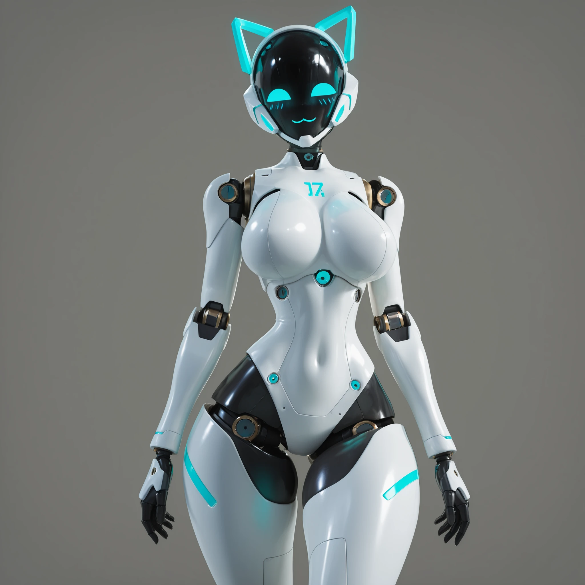 masterpiece, ultra-HD, impressionism, high detail, best quality, very aesthetic, 8K, best quality, beautiful, ultra-high resolution, 32K UHD, sharp focus, sharp focus, 3D, 1girl, solo, robot, android, screen face, black screen, helmet head, faceless, white steel, joints, turquoise neon lights, , narrow waist, wide , thick thighs, shapely legs, slim, blush stickers, :3, cute, standing, looking at viewer, simple background, from the front view