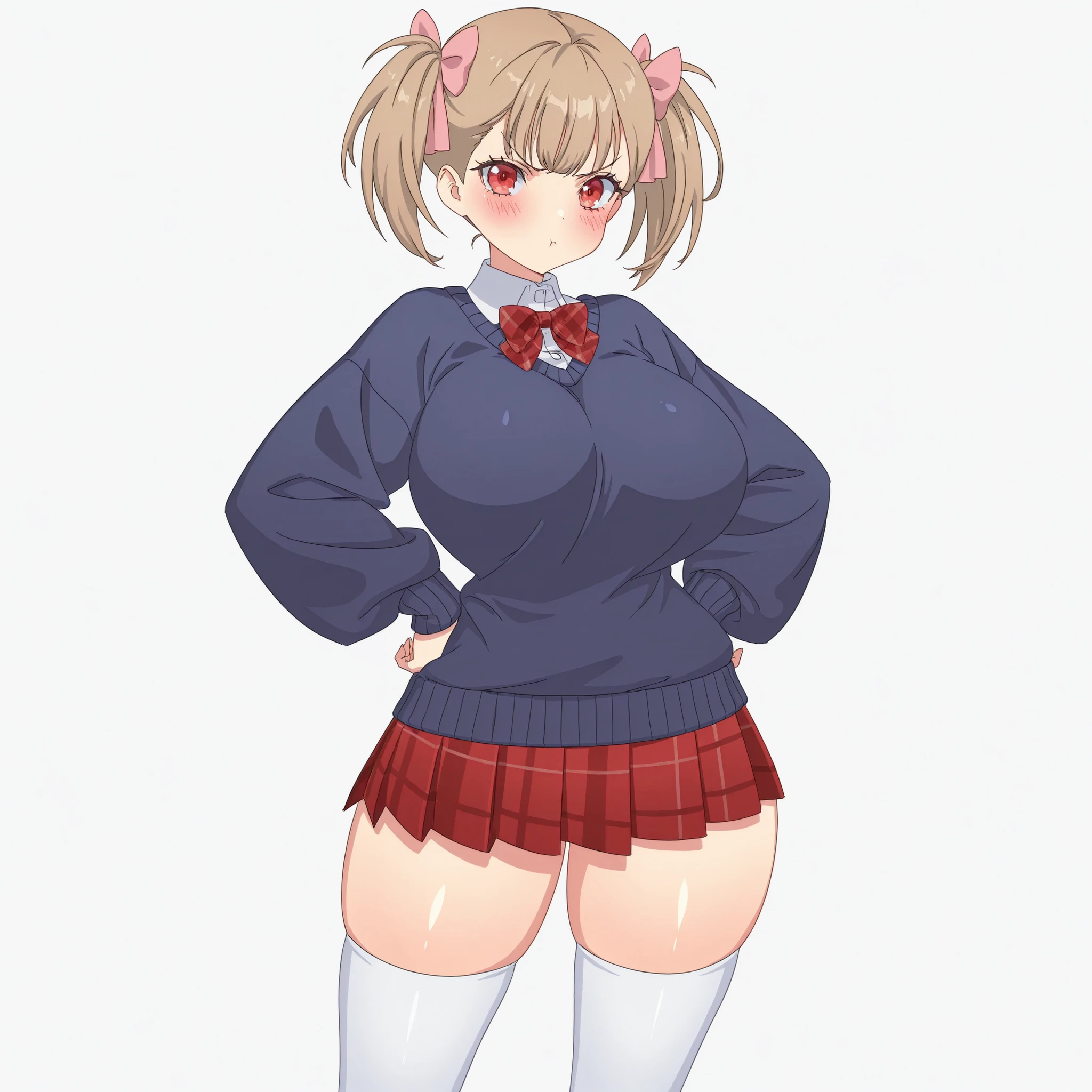 masterpiece, ultra-HD, impressionism, high detail, best quality, very aesthetic, 8K, best quality, beautiful, ultra-high resolution, 32K UHD, sharp focus, 1girl, solo, Rumi, short hair, light brown hair, twin pigtails, middle bangs, straight hair, hair ribbons, pink ribbons, red eyes, eyelashes, , narrow waist, wide , thick thighs, shapely legs, slim, white buttoned shirt, shirt collar, red plaid bowtie, navy blue sweater, baggy sweater, red plaid pleated skirt, white thigh high socks, blush, angry, pout, cute, hand on , standing, looking at viewer, simple background, front view