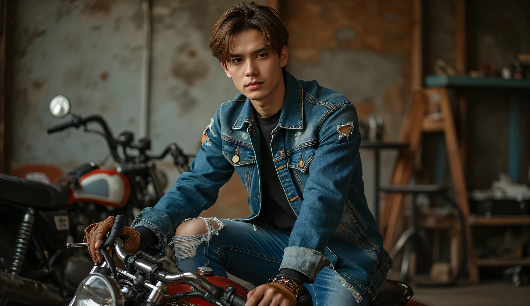  quality, photography, RAW photo, male model wearing distressed denim jacket, ripped blue jeans, sitting on vintage motorcycle, garage setting, tools visible, leather gloves, fashion shoot, editorial style, dramatic lighting, gritty atmosphere, professional fashion photography, textured background, shallow depth of field, detailed stitching visible, motorcycle accessories, urban fashion, industrial aesthetic