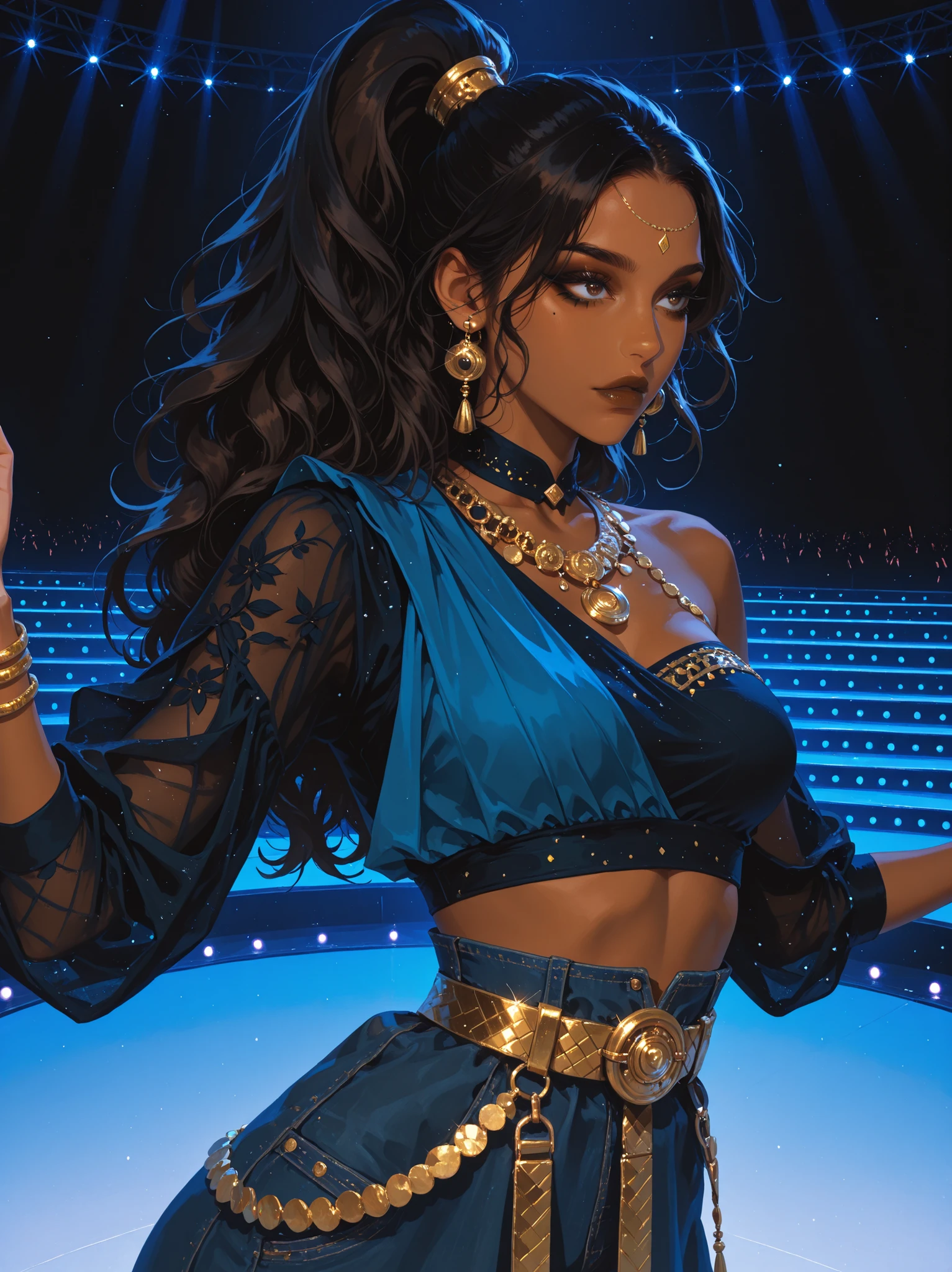 anime style, anime coloring, 8k, HDR, extremely detailed face and eyes, beautiful face and eyes, solo, beautiful, cool, masterpiece, top quality, great
quality, dynamic pose, background, highres, character focus, 1girl, young woman, dynamic hair, dynamic clothes, brown skin, black hair, wavy ponytail, high ponytail, sleek hairstyle, black_eyes, dark brown makeup, brown lips, two-toned lips, sharp black eyeliner, kajal, gold bindi, thin brows, indian, desi, indigo blue top, top with sleeves, top_made_of_fabric_mesh_lace, asymmetric top design, modest top, designer clothes, modern outfit, pop singer, decorative gold belts, black denim baggy pants, blue fabric around hips, gold jewellery, jhumka earrings, bell-shaped earrings, multiple necklaces, gold bracelets, dancing on stage, dynamic, confident, stage, powerful