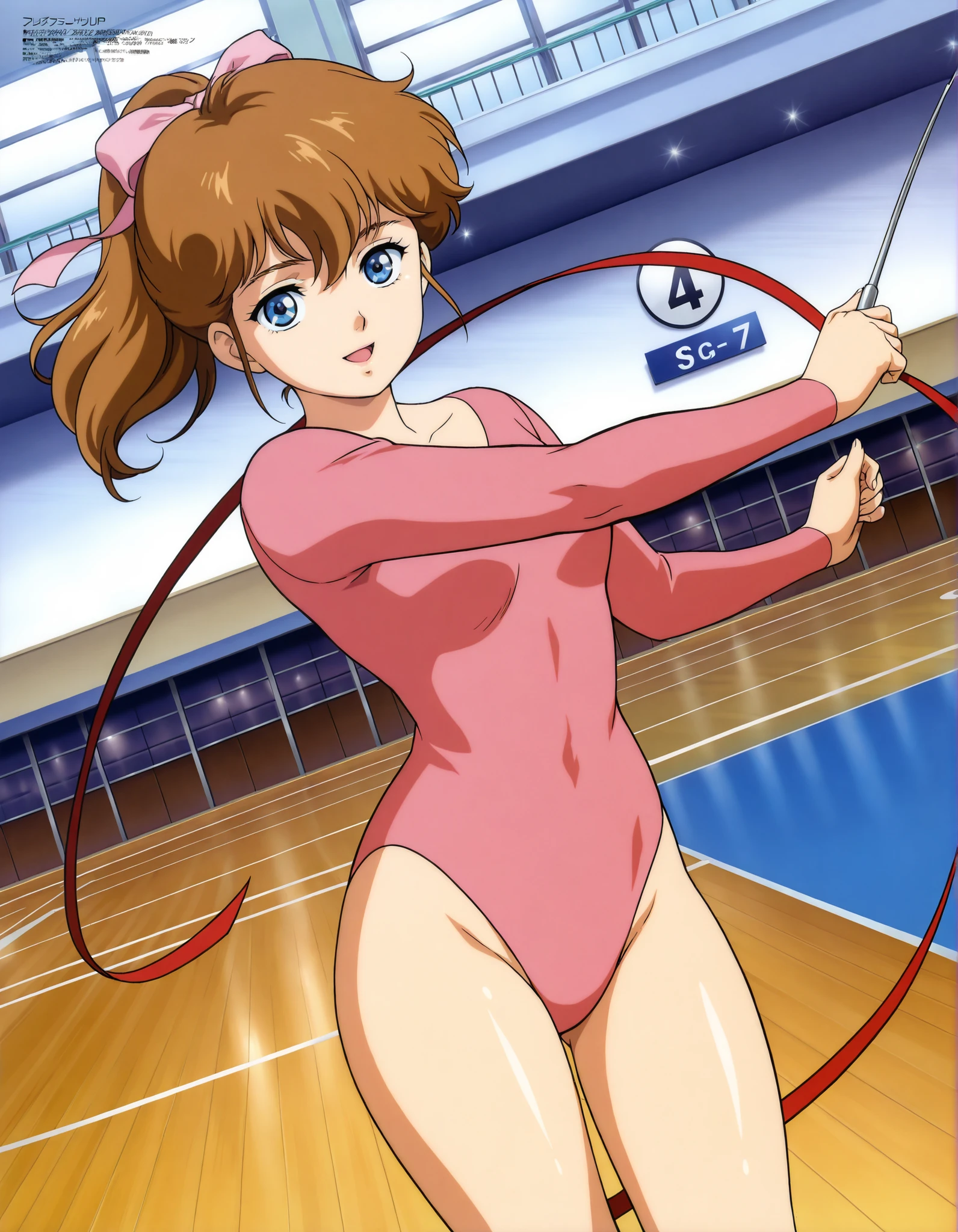 (((Masterpiece))), (((Best Quality))), ((Super Detail)), ultra-High resolution, score_9, score_8_up, score_7_up, score_6_up, score_5_up, score_4_up, BREAK, source anime, anime screencap, Masterpiece, (absurdres), (detailed background), (very aesthetic), detailed beautiful eyes, outstanding, exquisite animation illustration, curvy, highres, shiny clothing,  pose, submissive pose,  pose, anime style, anime coloring, animification, megami magazine, 1girl, solo, Hikari Kamijo, blue_eyes, brown_hair, long_hair, ponytail, athletic_leotard, rhythmic gymnast, gymnastics, ribbon, ribbon baton, smile, open mouth, (arabesque position:1.2), gym, shiny skin, looking at viewer, dutch angle, cowboy shot, novel illustration,