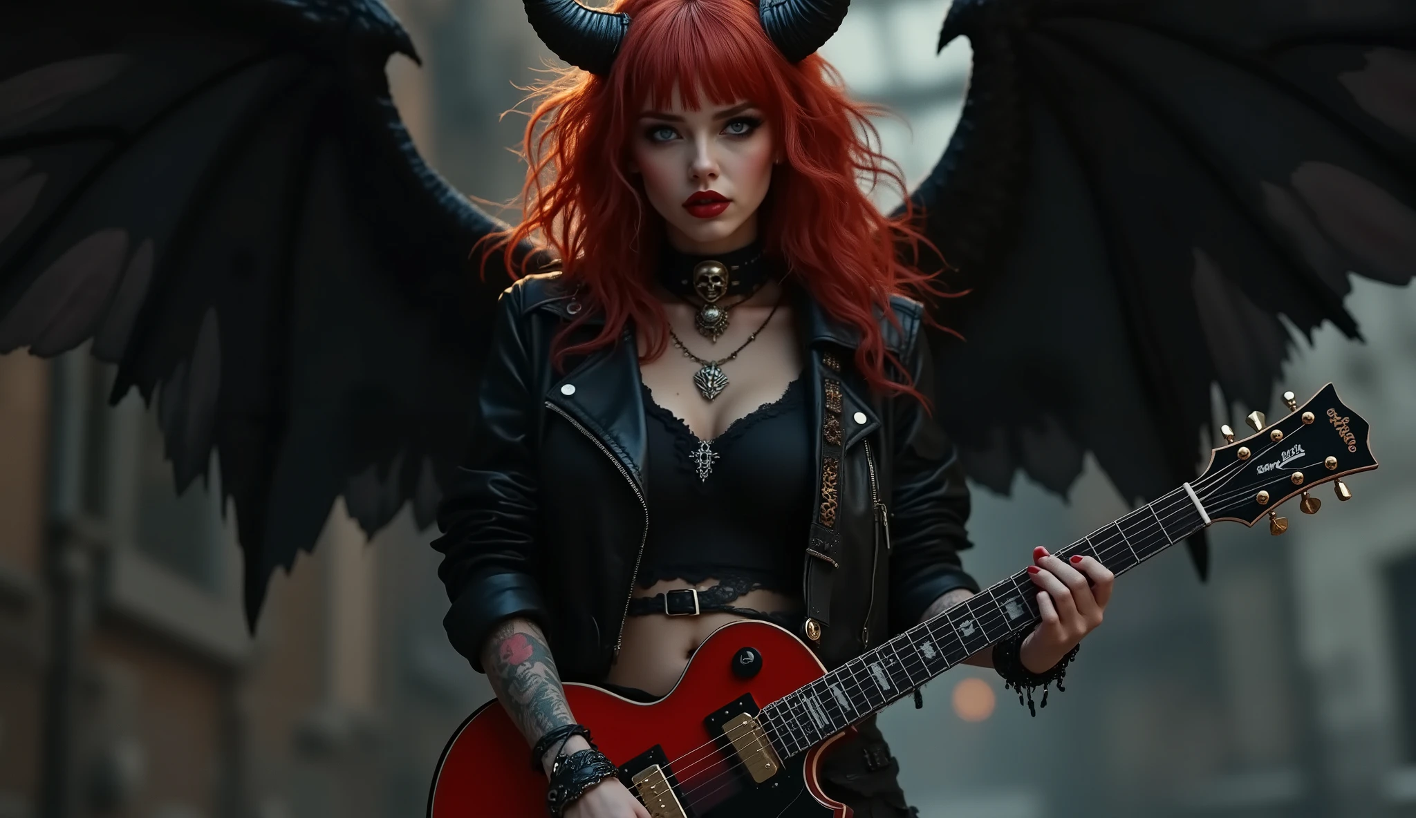 Beautiful Temptation 05,((artwork, highest quality, highest image quality, high resolution, photorealistic, CRU photo, 8k)),(best quality, 4k, high resolution, masterpiece: 1.2), ultra detailed, (realistic, photorealistic: 1.37), ray tracing, High quality, 4K, 8K, ray tracing, volumetric lighting, High quality, 4K, 8K, ray tracing, volumetric lighting, High quality, 4K, 8K, ray tracing, volumetric lighting, A gorgeous demon woman, dressed in a black leather jacket with buckles, the sleeves rolled up, a black heavy metal band t-shirt, black studded leather pants, and a belt with a metal skull buckle. She has black feathered wings on her back and plays a red electric guitar, screaming as she sings heavy metal. Her long, curly, fiery red hair falls disheveled over her chest. She has demonic red eyes, thick lips, and a furious expression. She wears knee-high black boots with metal studs. The demon plays a heavy metal solo. Sensual and satanic. Her body is covered in colorful gothic tattoos. She strikes various poses.,natalee,dynamic pose, stylish posture, expressiv