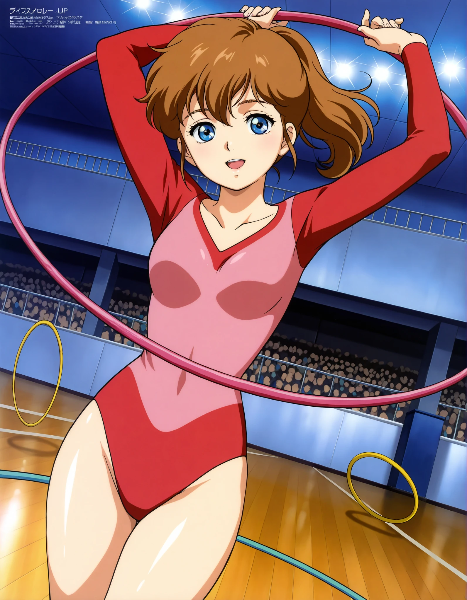(((Masterpiece))), (((Best Quality))), ((Super Detail)), ultra-High resolution, score_9, score_8_up, score_7_up, score_6_up, score_5_up, score_4_up, BREAK, source anime, anime screencap, Masterpiece, (absurdres), (detailed background), (very aesthetic), detailed beautiful eyes, outstanding, exquisite animation illustration, curvy, highres, shiny clothing,  pose, submissive pose,  pose, anime style, anime coloring, animification, megami magazine, 1girl, solo, Hikari Kamijo, blue_eyes, brown_hair, long_hair, ponytail, athletic leotard, rhythmic gymnastics, gymnastics, ((hoop, hula hoop)), smile, open mouth, (arabesque position:1.2), gym, shiny skin, looking at viewer, dutch angle, cowboy shot, novel illustration,