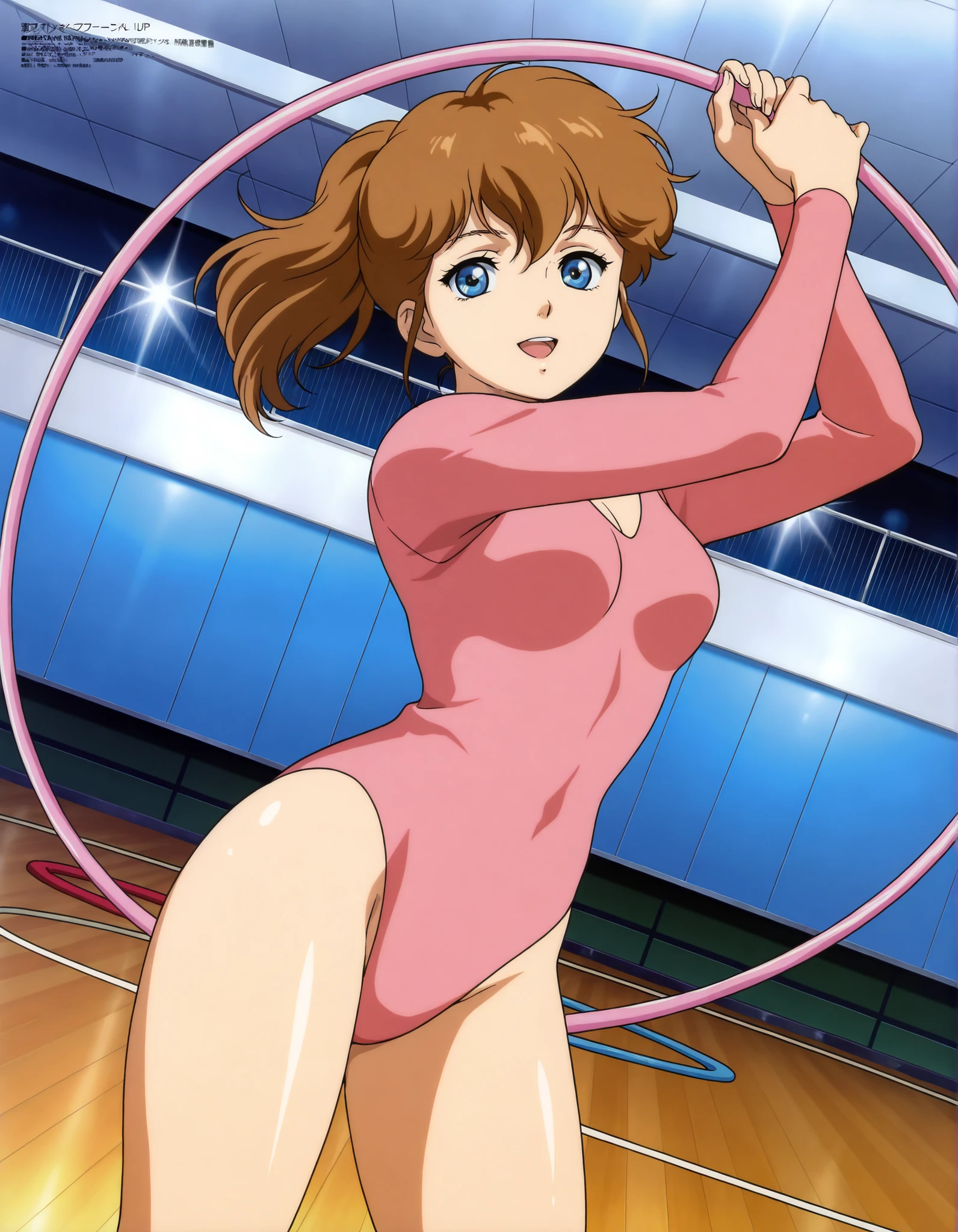 (((Masterpiece))), (((Best Quality))), ((Super Detail)), ultra-High resolution, score_9, score_8_up, score_7_up, score_6_up, score_5_up, score_4_up, BREAK, source anime, anime screencap, Masterpiece, (absurdres), (detailed background), (very aesthetic), detailed beautiful eyes, outstanding, exquisite animation illustration, curvy, highres, shiny clothing,  pose, submissive pose,  pose, anime style, anime coloring, animification, megami magazine, 1girl, solo, Hikari Kamijo, blue_eyes, brown_hair, long_hair, ponytail, athletic leotard, rhythmic gymnastics, gymnastics, ((hoop, hula hoop)), smile, open mouth, (arabesque position:1.2), gym, shiny skin, looking at viewer, dutch angle, cowboy shot, novel illustration,