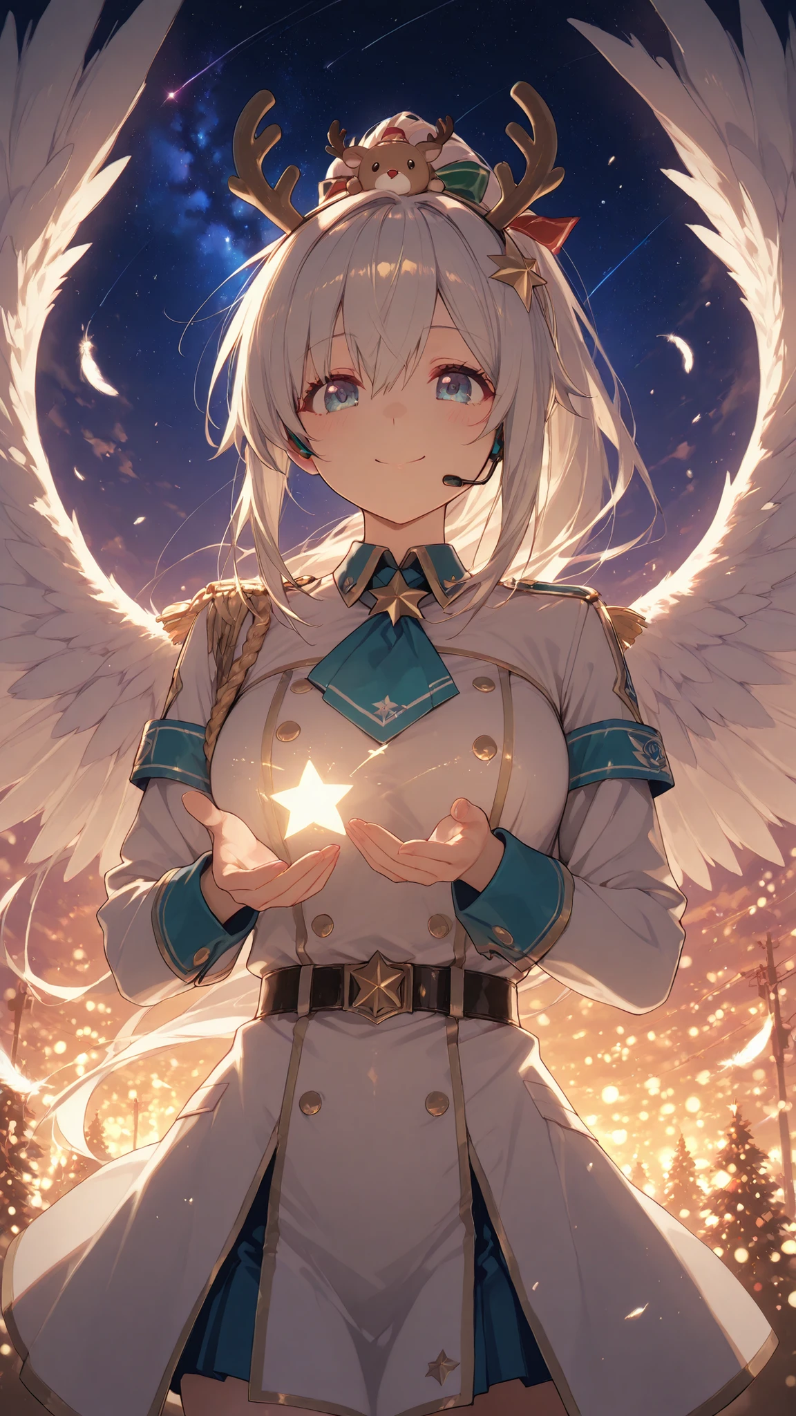 Ultra High Definition,ultra detail,gray ponytail hair,Angelic,angel wings,Clear, big blue eyes and soft redness on the cheeks,A smile that conveys emotion,Uniform-style costume and headset,Christmas,reindeer antlers on head,Christmasのイルミネーション背景エフェクト,Passionate Performances,star and heart effects scattered in virtual space